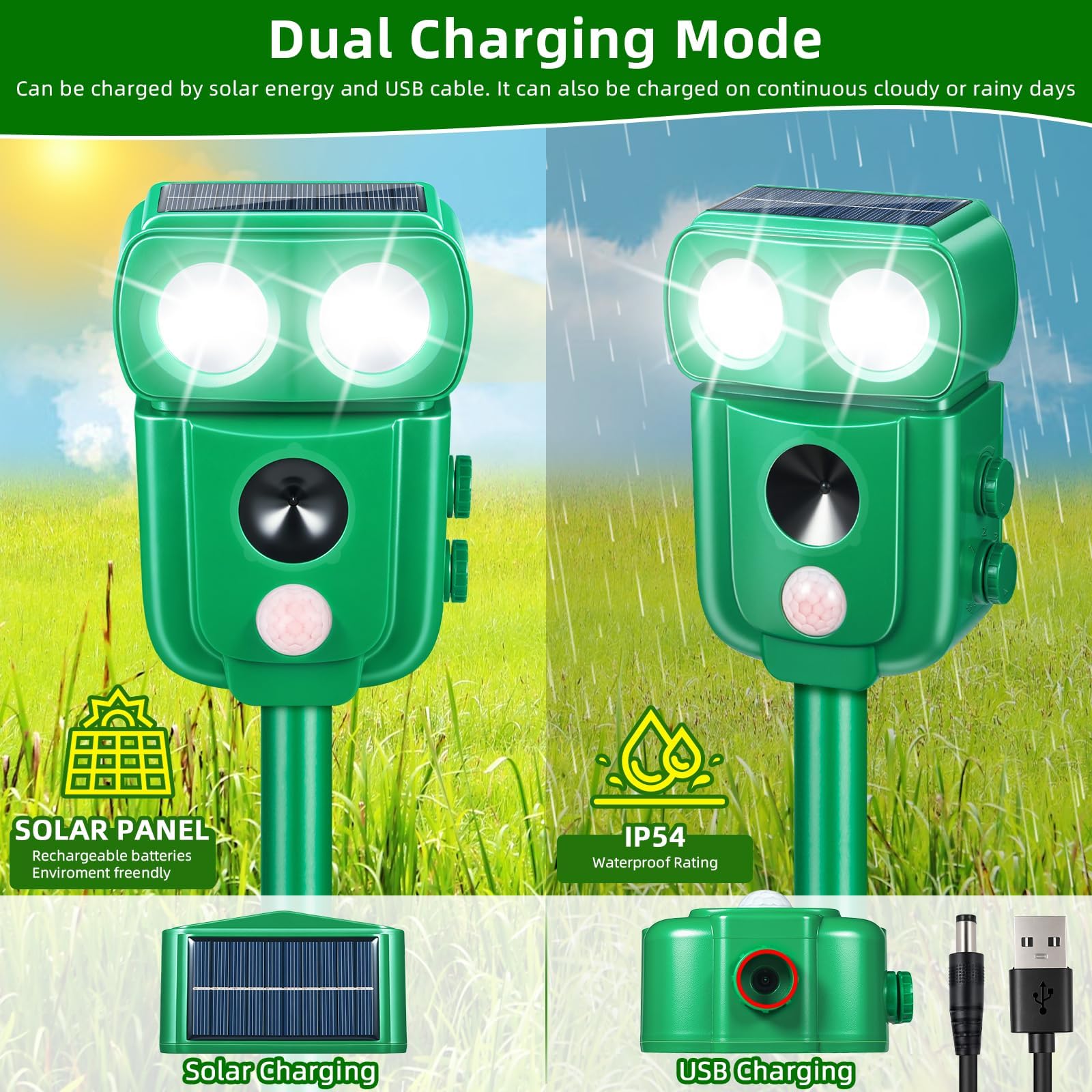 Répulsif pour chats, répulsif à ultrasons à énergie solaire IP66 étanche à fréquence réglable pour éloigner les animaux, 5 modes réglable, répulsif pour animaux à ultrasons