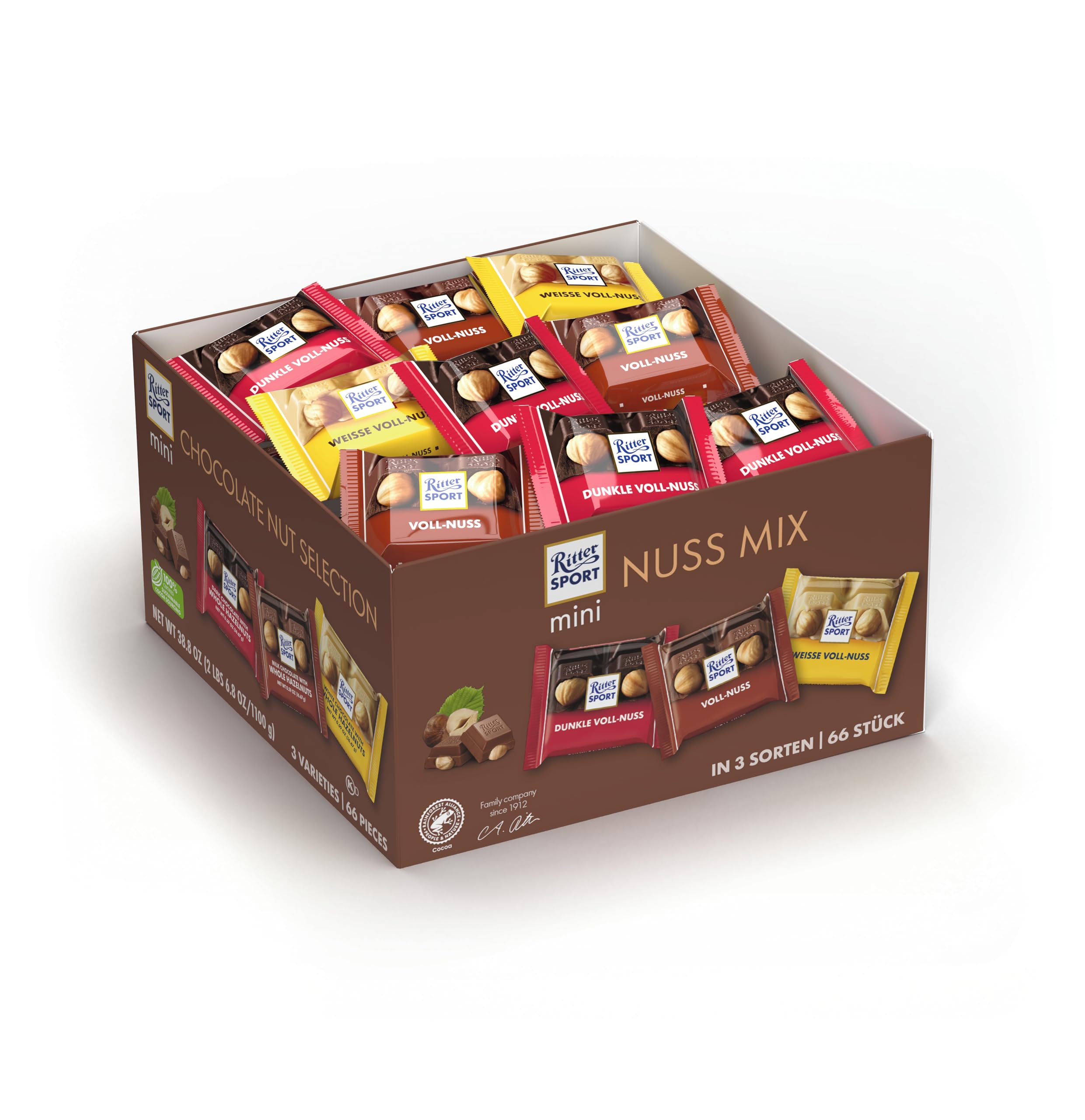 Ritter Sport mini Voll-Nuss Mix, weiße, dunkle & Vollmilchschokolade, Schokolade mit ganzen Haselnüssen, perfekt zum Naschen und Genießen, 1,1 kg (66 Stück)