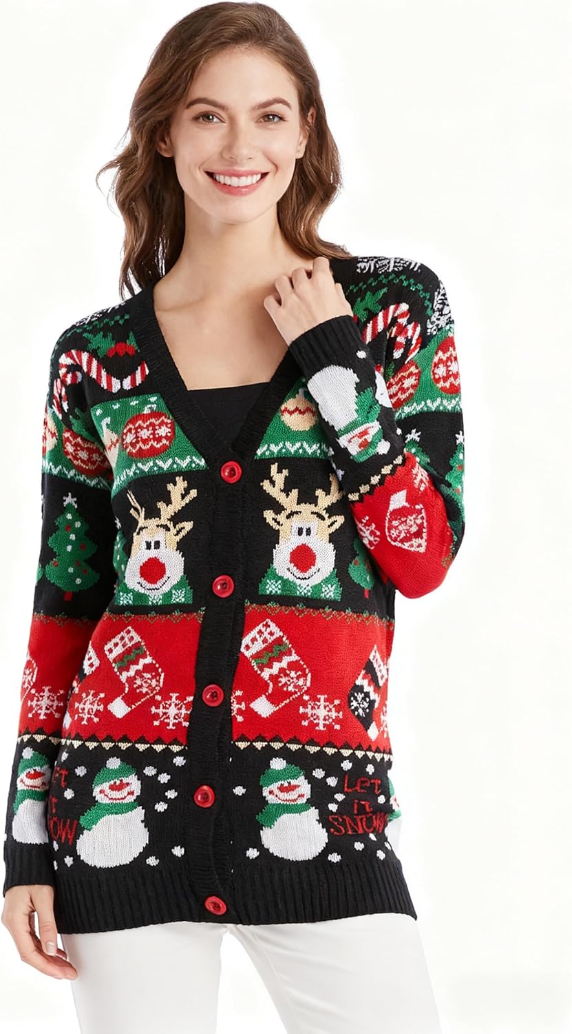v28 Ugly Christmas Sweater for Women Reindeer Funny Merry Knit Sweaters Cardigan - Image 2