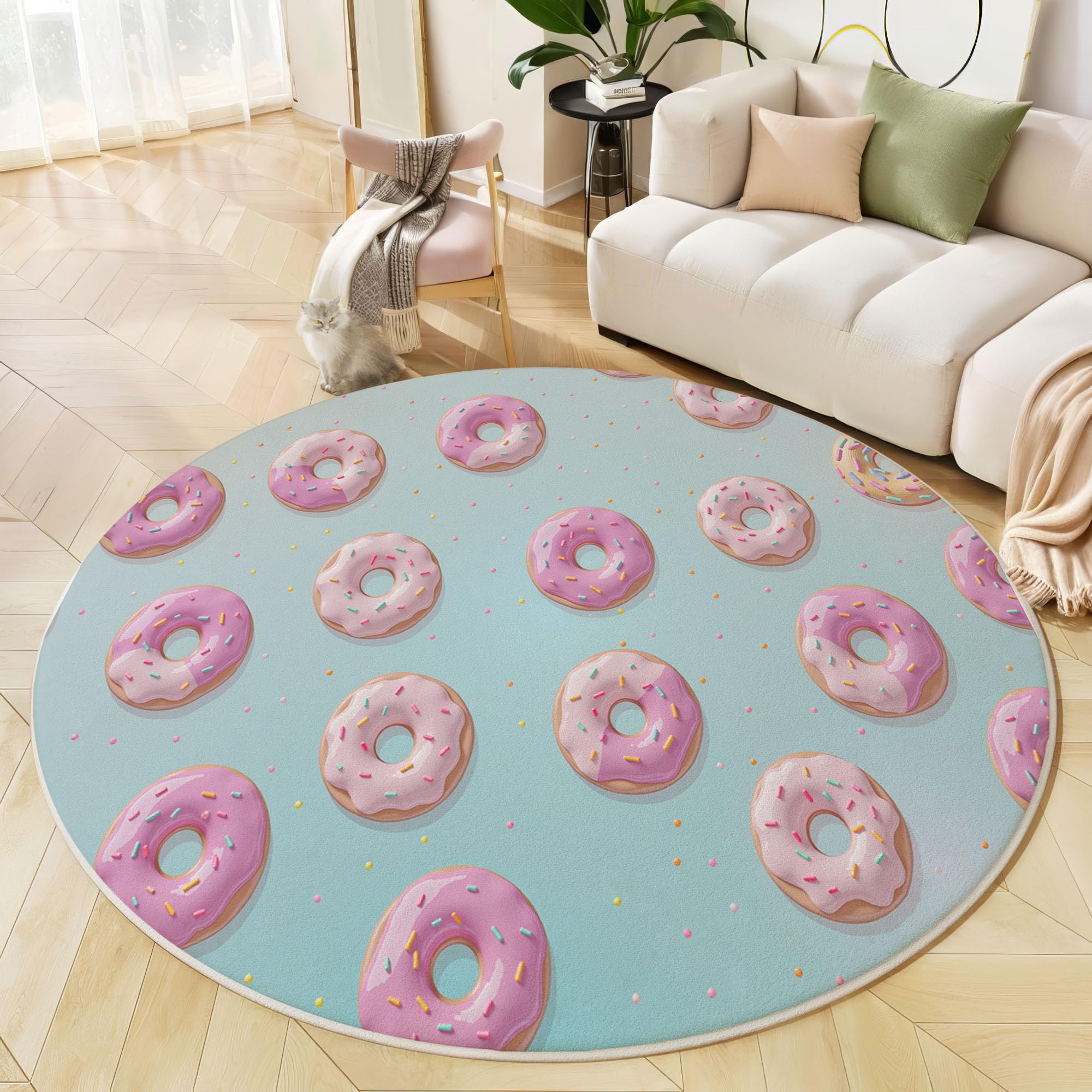 Süß Und Verspielt Teppich Rund 150cm, Donuts Zuckerstreusel Teppich rutschfest Waschbar, flauschig robust Rosa Teppiche, Für Schlafzimmer Wohnzimmer Kinderzimmer Spielzimmer