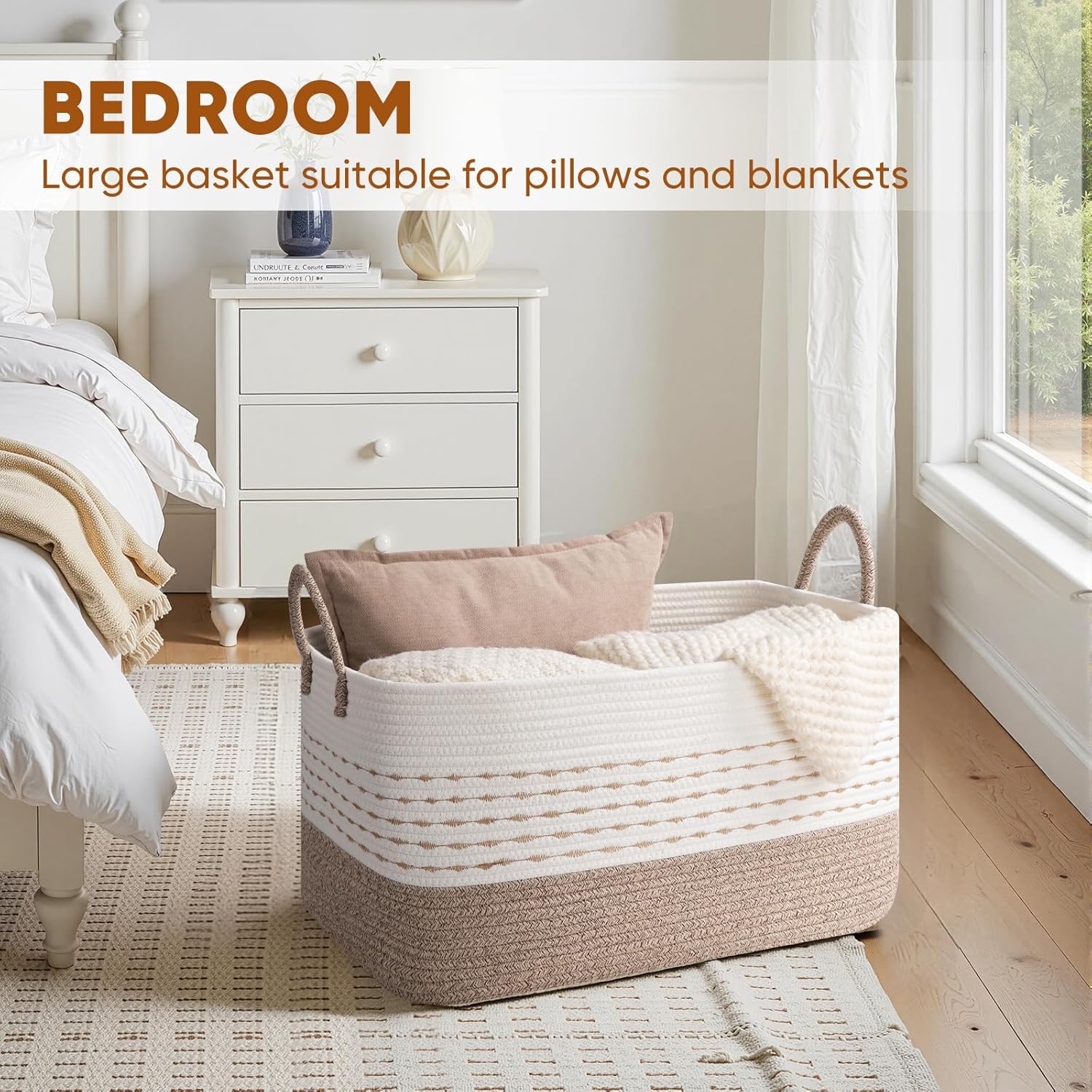 Large Blanket Basket for Living Room, 75L Woven Storage Baskets for Organizing, Rectangle Cotton Rope Toy Basket With Handles-Brown & White - Image 5