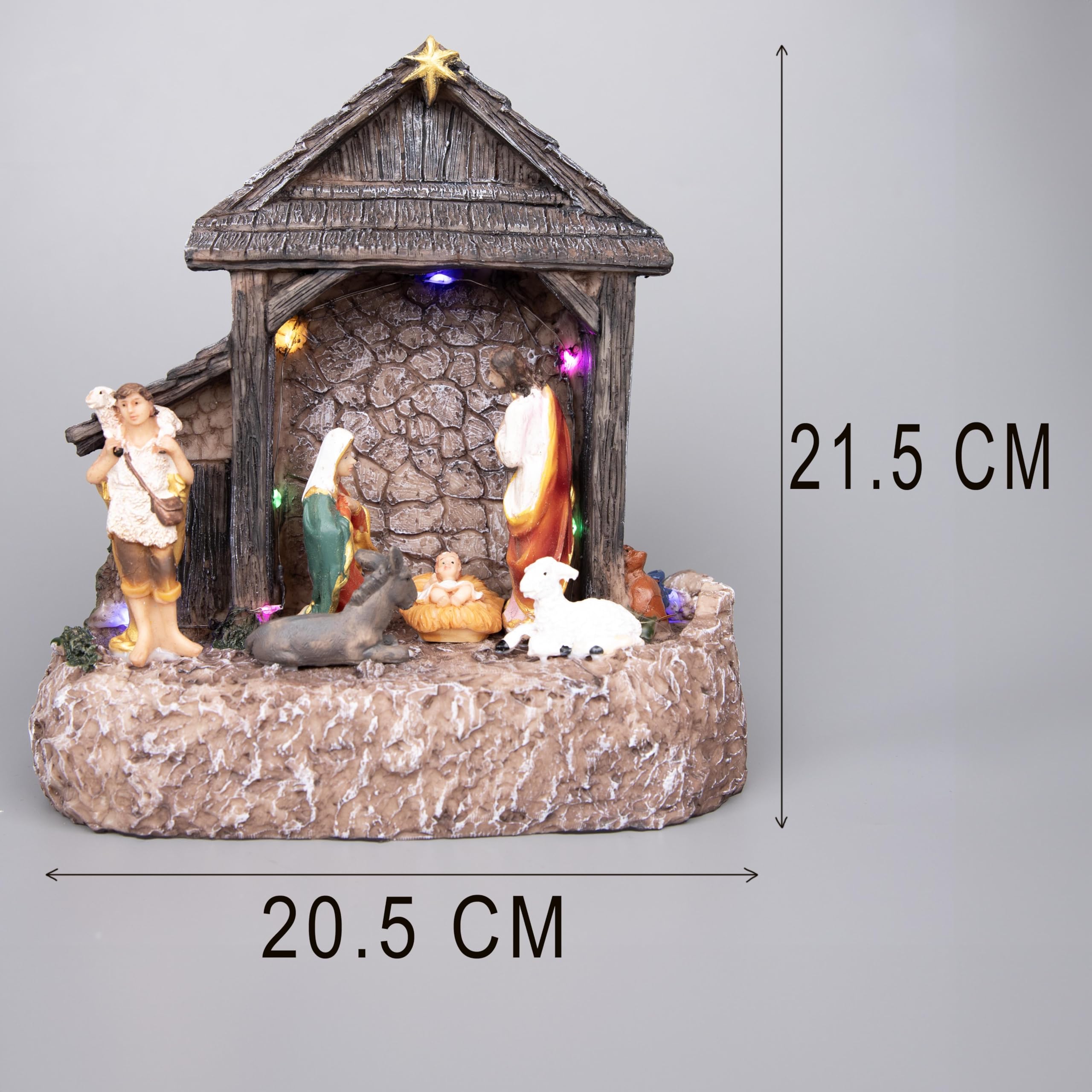 SHATCHI Crèche de Noël Lumineuse à LED de 22 cm avec crèche de Noël Jésus-Christ, Fonctionne à Piles, décoration de Table, Maison, fenêtre, résine, Marron