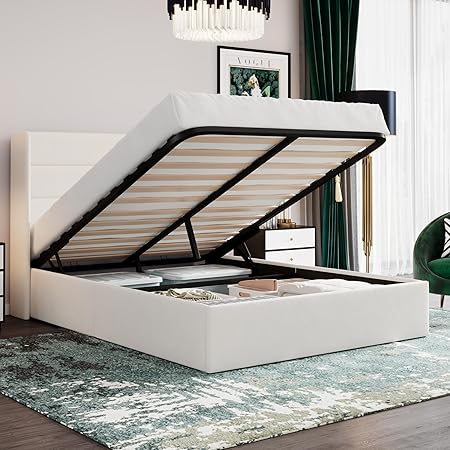 SHA CERLIN Full Size Lift Up Storage Bed/Velvet Upholstered/Modern Wingback Headboard/Upholstered Platform Bed Frame/Hydraulic Storage/No Box Spring Needed/White