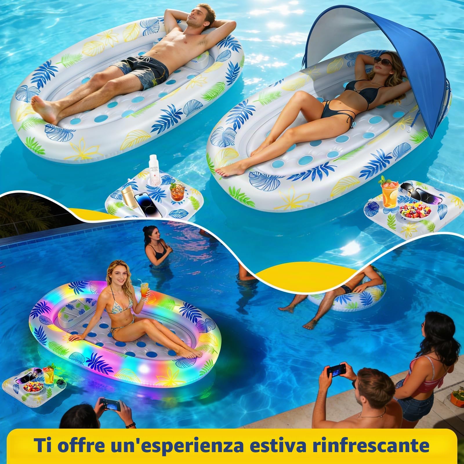JONRRYIN Materassino Gonfiabile Piscina 180×110cm, Lettino Abbronzante per Adulti con Tettuccio Parasole Rimovibile ed Effetti Luminosi per Piscina, Spiaggia e Lago