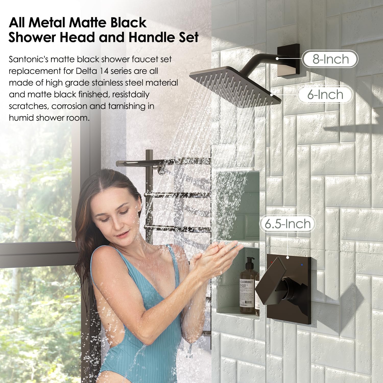 Replacement for Delta Shower Trim Kit 14 Series, High Pressure Matte Black Shower Faucet Set, 6-Inch Black Shower Head and Handle Set(Valve/Cartridge Not Included)