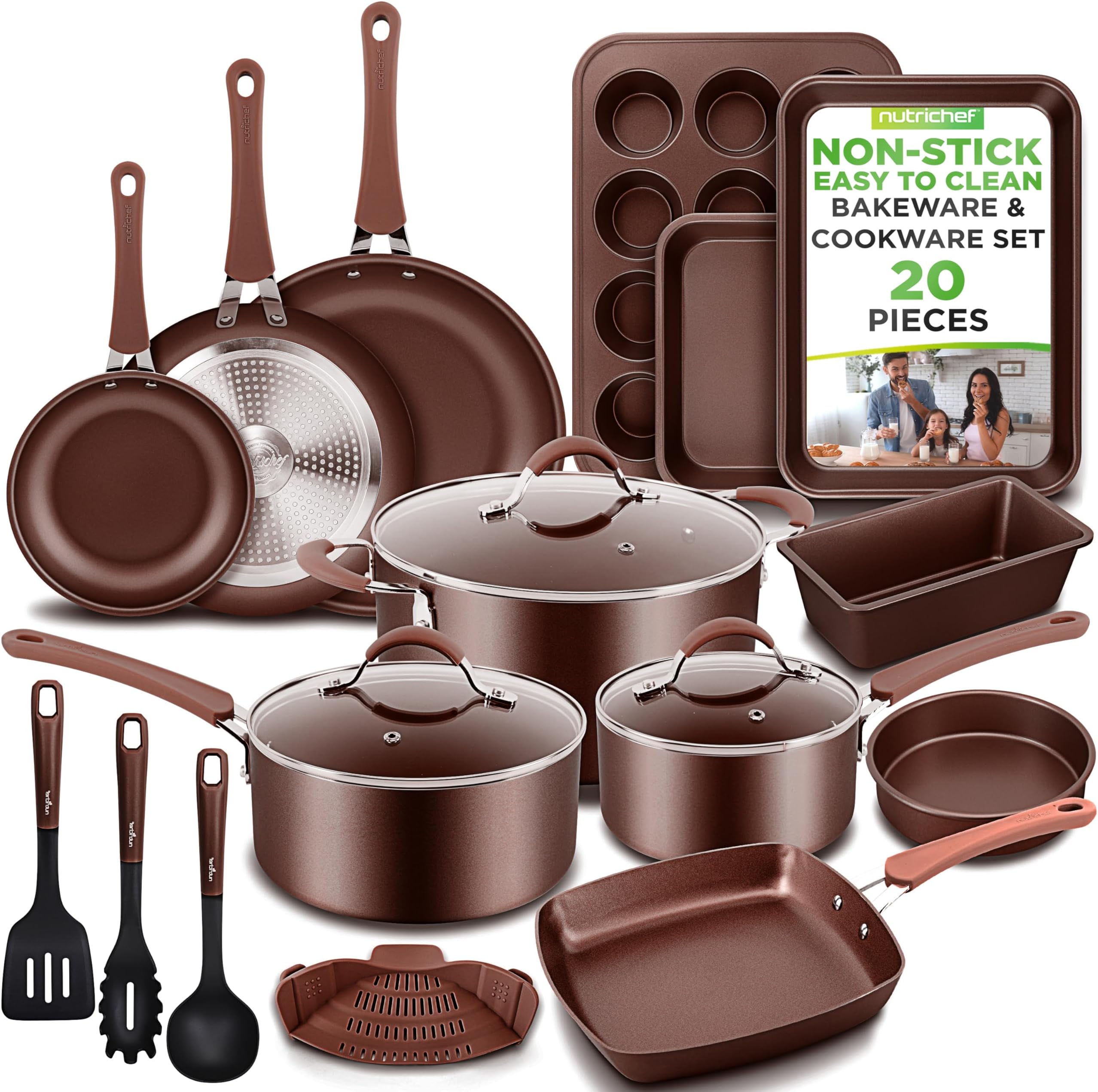 20-Piece Non-Stick Cookware & Bakeware Set – Induction Compatible, Heat-Resistant Handles, Saucepans, Frying Pans, Muffin & Cookie Tray – PTFE/PFOA/PFOS-Free, Brown