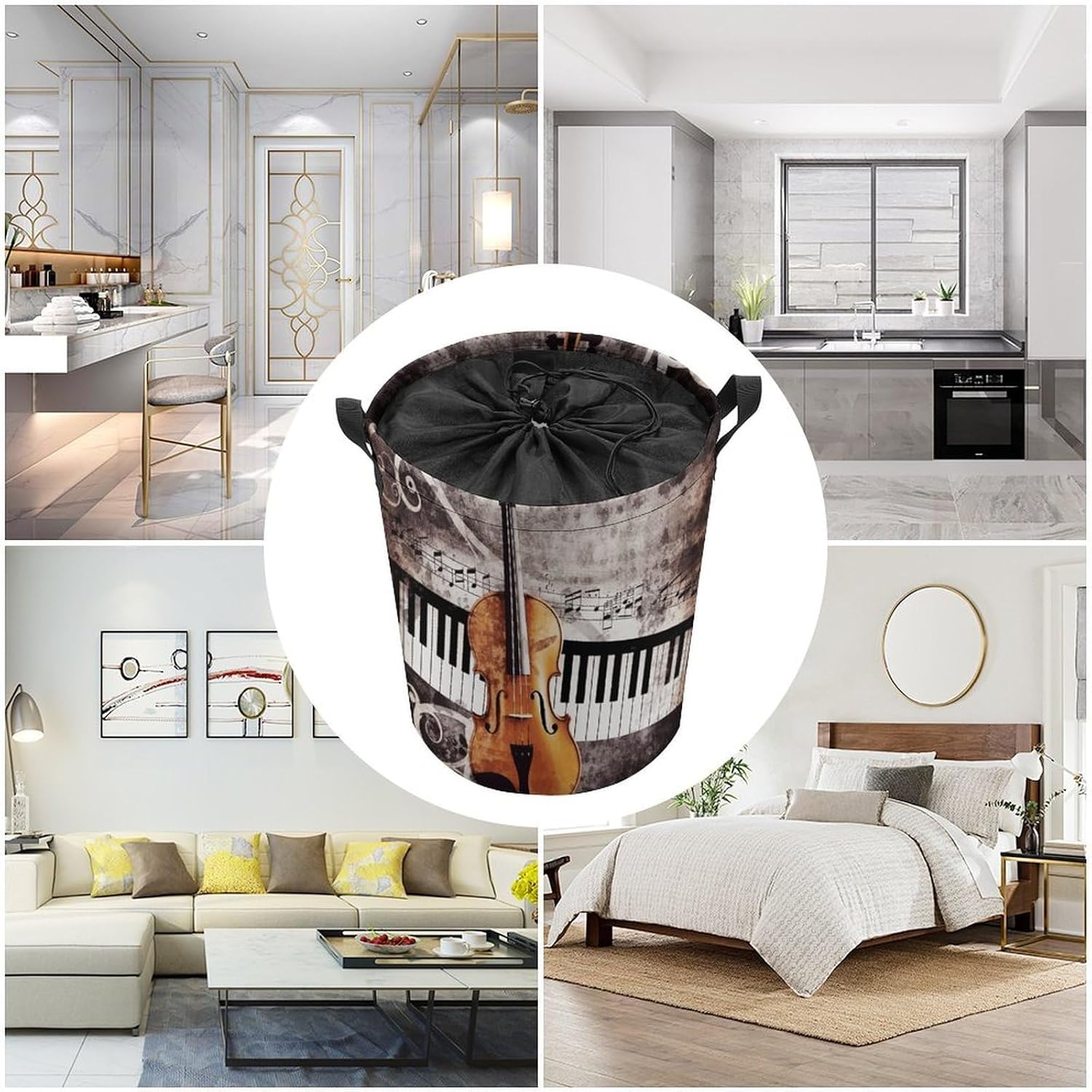 Large Laundry Hamper Piano Violin Music Notes Laundry Basket with Handles Freestanding Waterproof Clothes Hamper for Laundry Room Bedroom Bathroom College Dorm