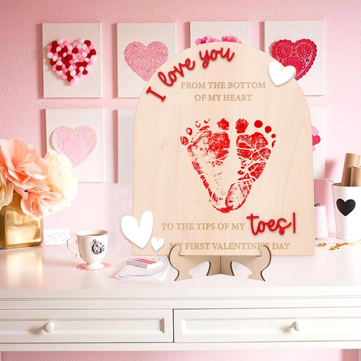 My First Valentine Footprint Wooden Board - Gender Revealing Wooden Decoration, Diy Footprint Wood Craft, Our Little Valentine Wood Sign Milestone, Hospital Birth Announcement Signs Photo Prop