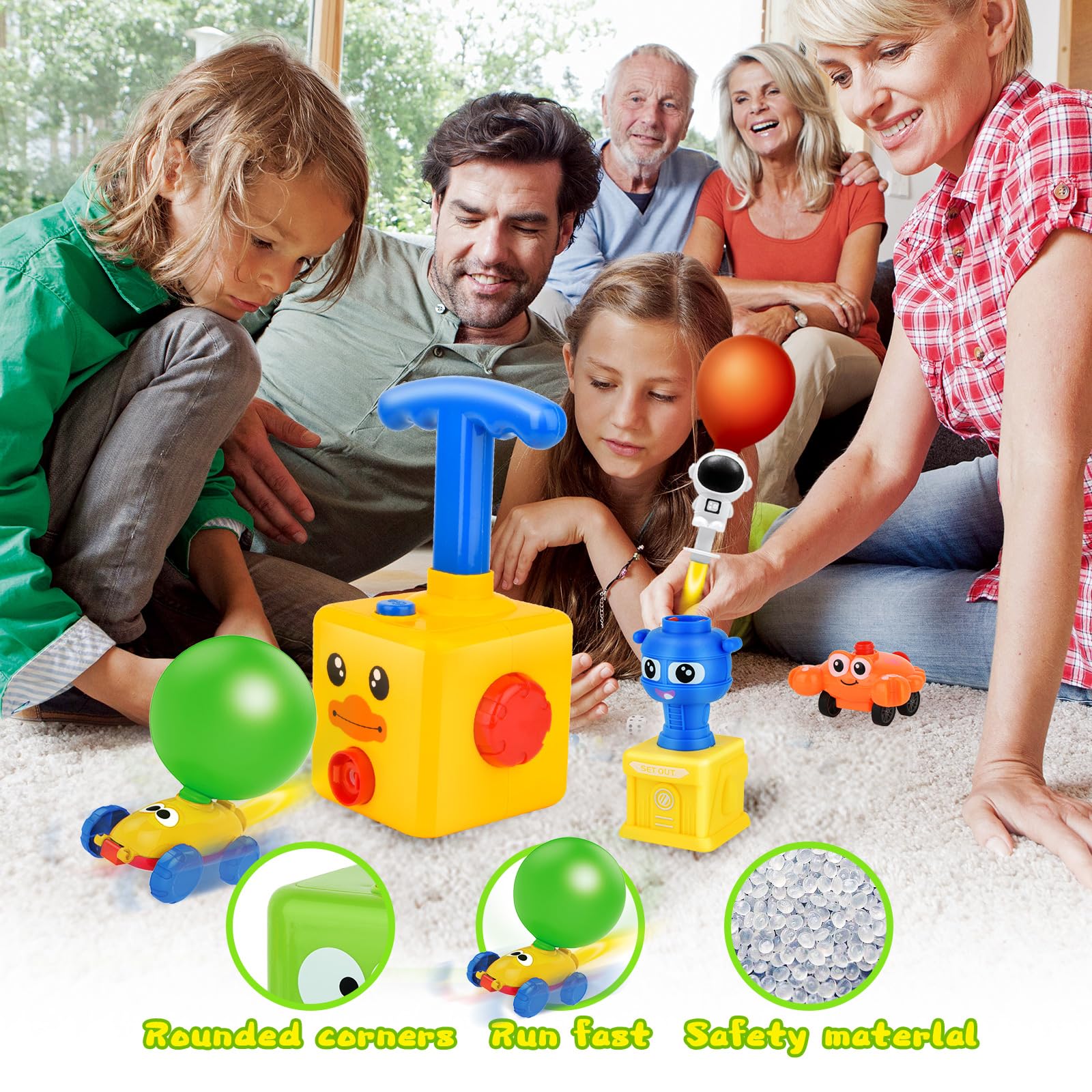 Solace Balloon Car Toy Set including Pump, Launcher and Racers, Powered Inflatable Racing Cars for Kids, Yellow, Red, Orange - Image 3