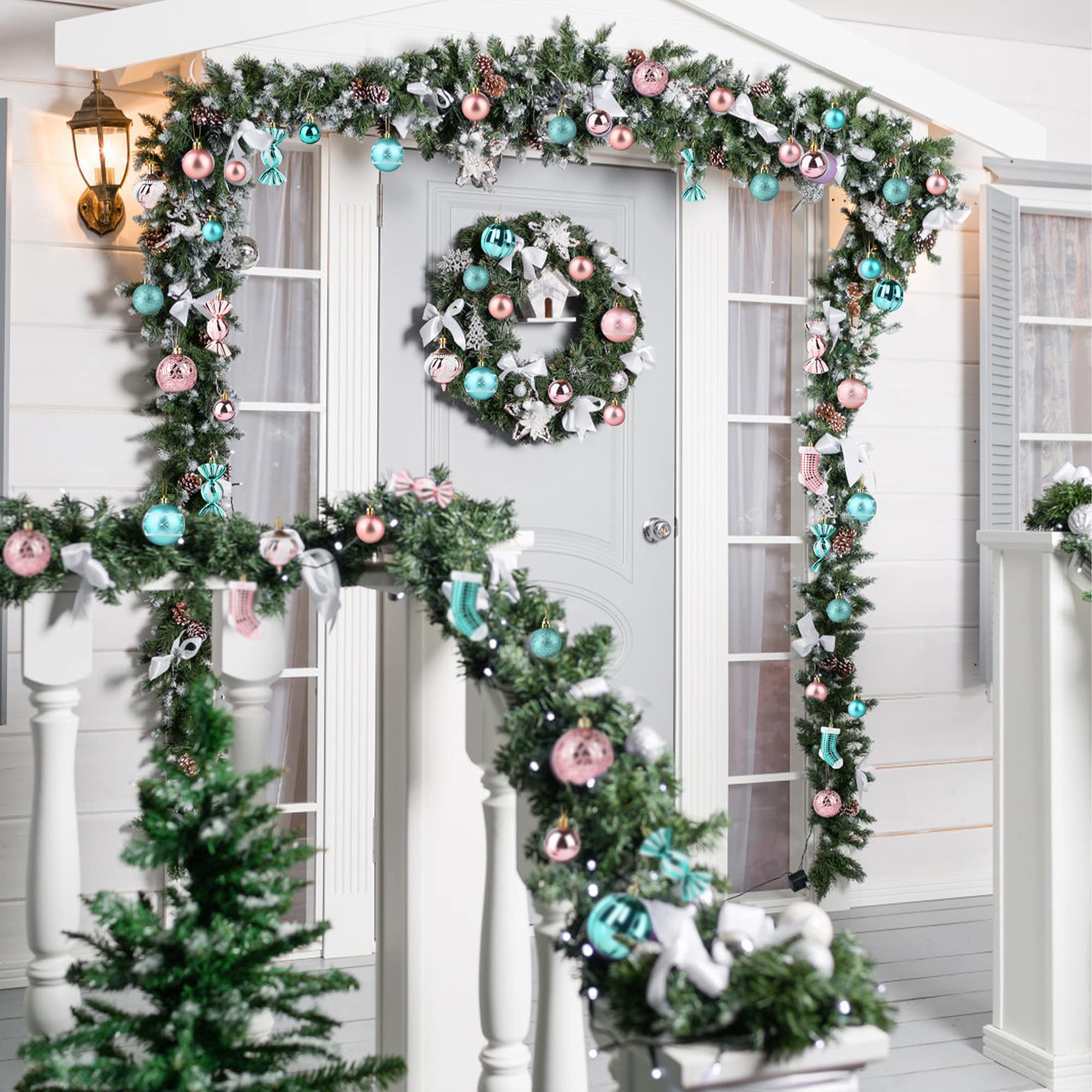PIIDUOO Lot de 97 Boules de Noël en Plastique Turquoise Rose Mat à Paillettes pour Sapin de Noël