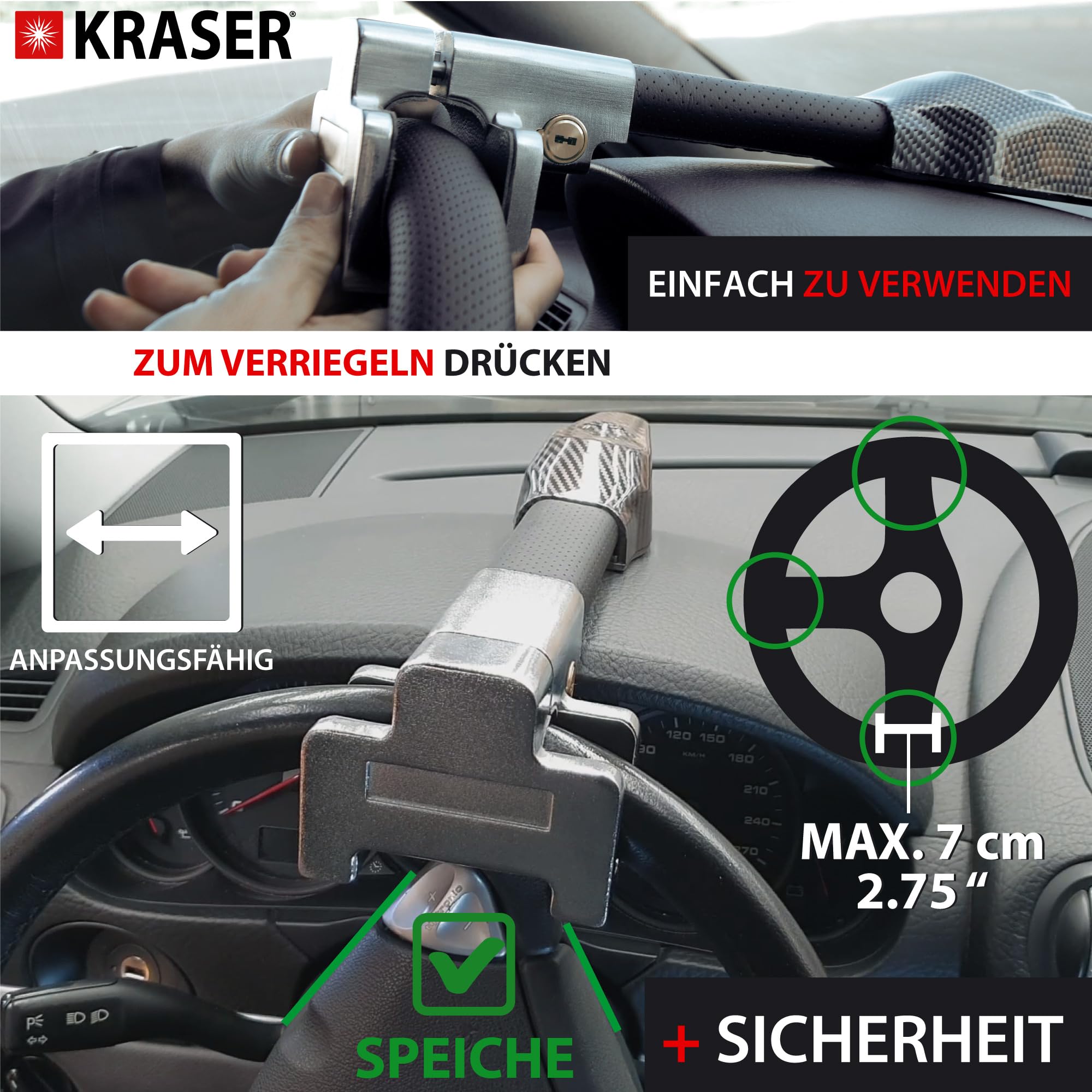 KRASER KR830 Antifurto Auto, Blocca Sterzo con Allarme 120dB, Universale