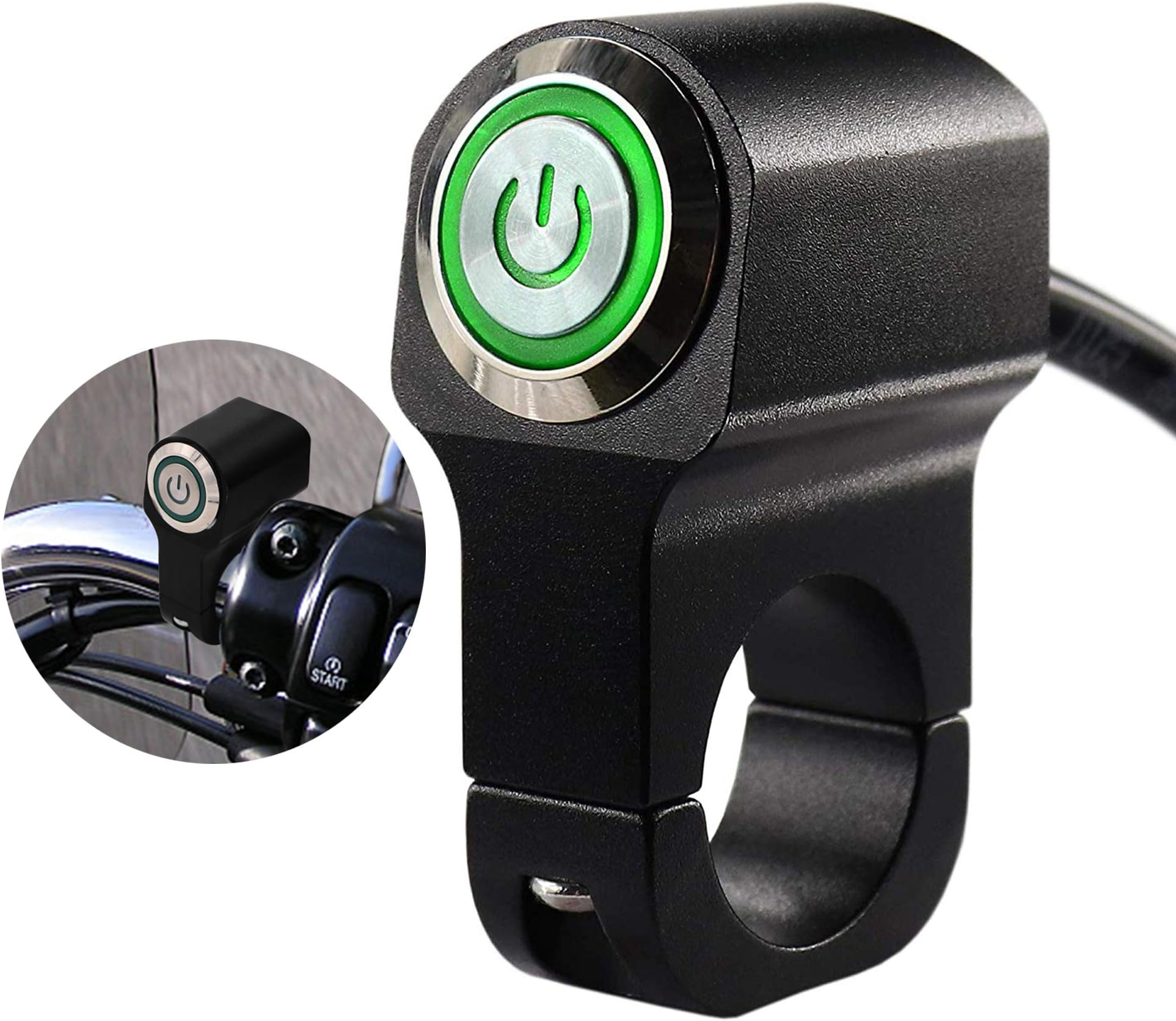 Motorcycle CNC Handlebar Kill Headlight Switch with Aluminium Alloy Push Button Indicator Green Light for 1" 25mm Bike ATV Handlebar Headlight Switches