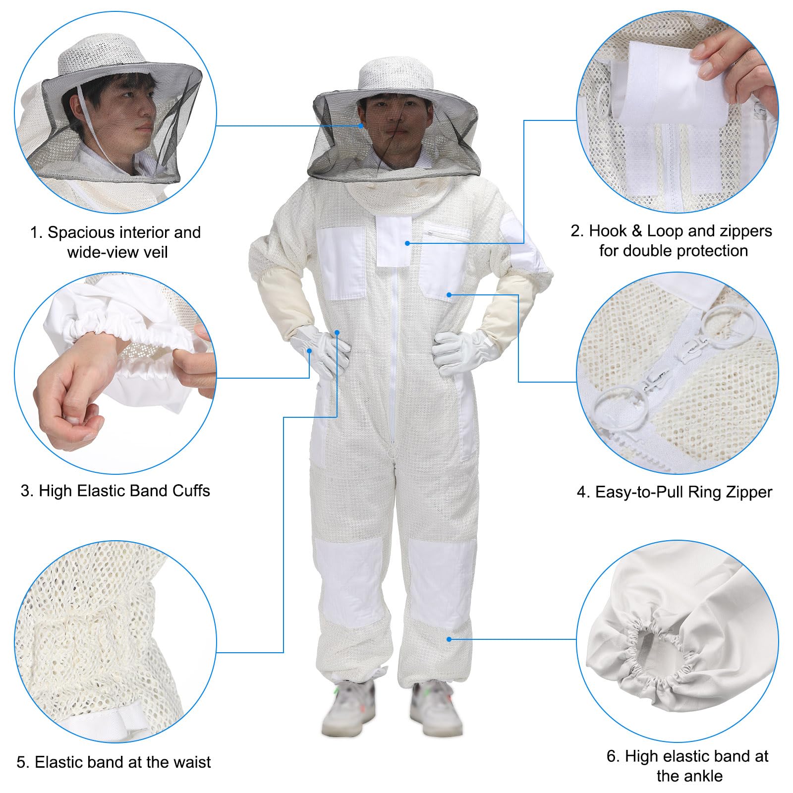 QUARKZMAN Tuta da Apicoltore per Uomini e Donne XXL con Guanti e Velo a Cupola Tuta da Apicoltore per Uomini Retro Professionale e Principianti Apicoltore Spesso, Bianco