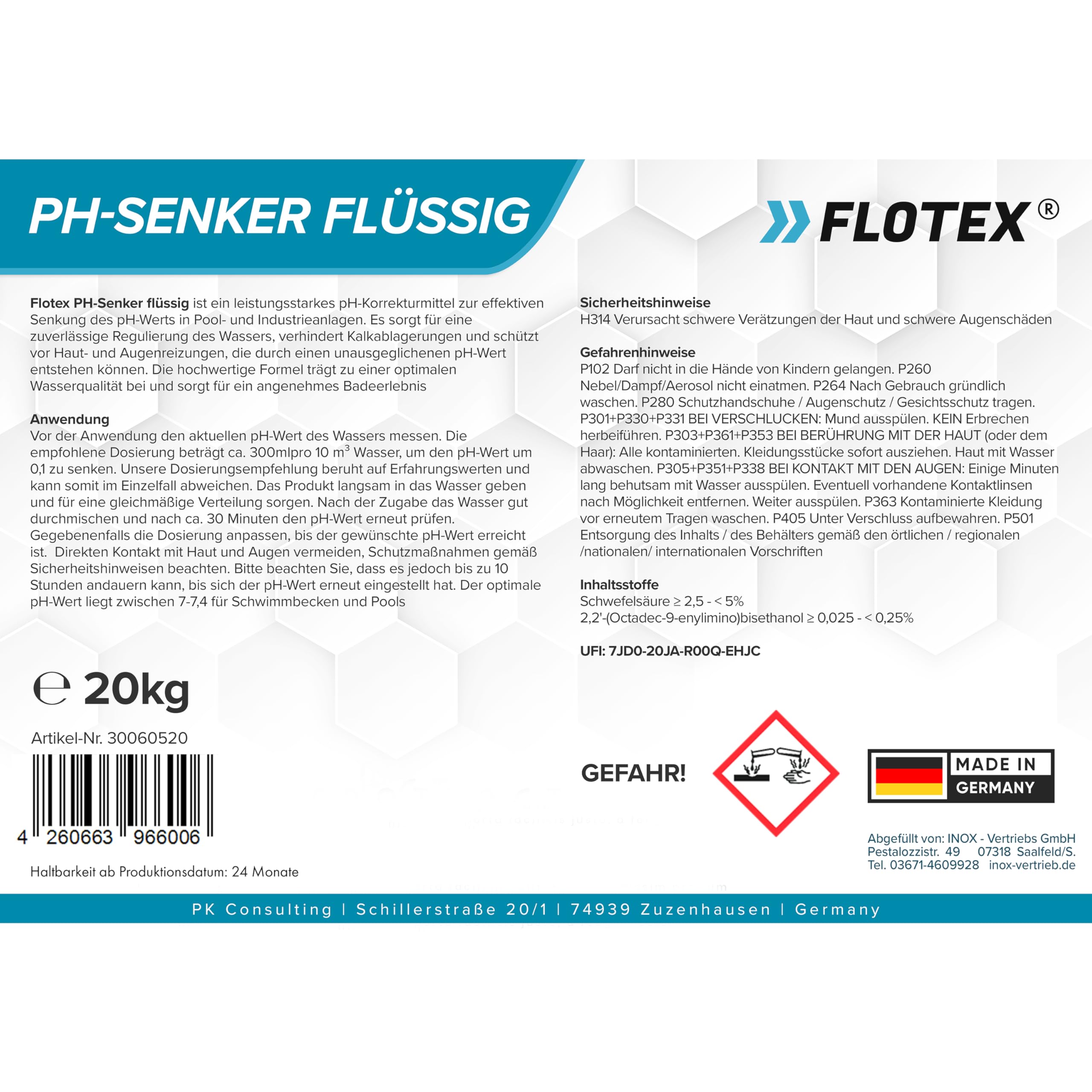 pH Minus liquide professionnel 20 kg dans un bidon de stockage | Réducteur de pH liquide très efficace pour piscines et jacuzzis | Régulation optimale du pH | Équilibre de l'eau