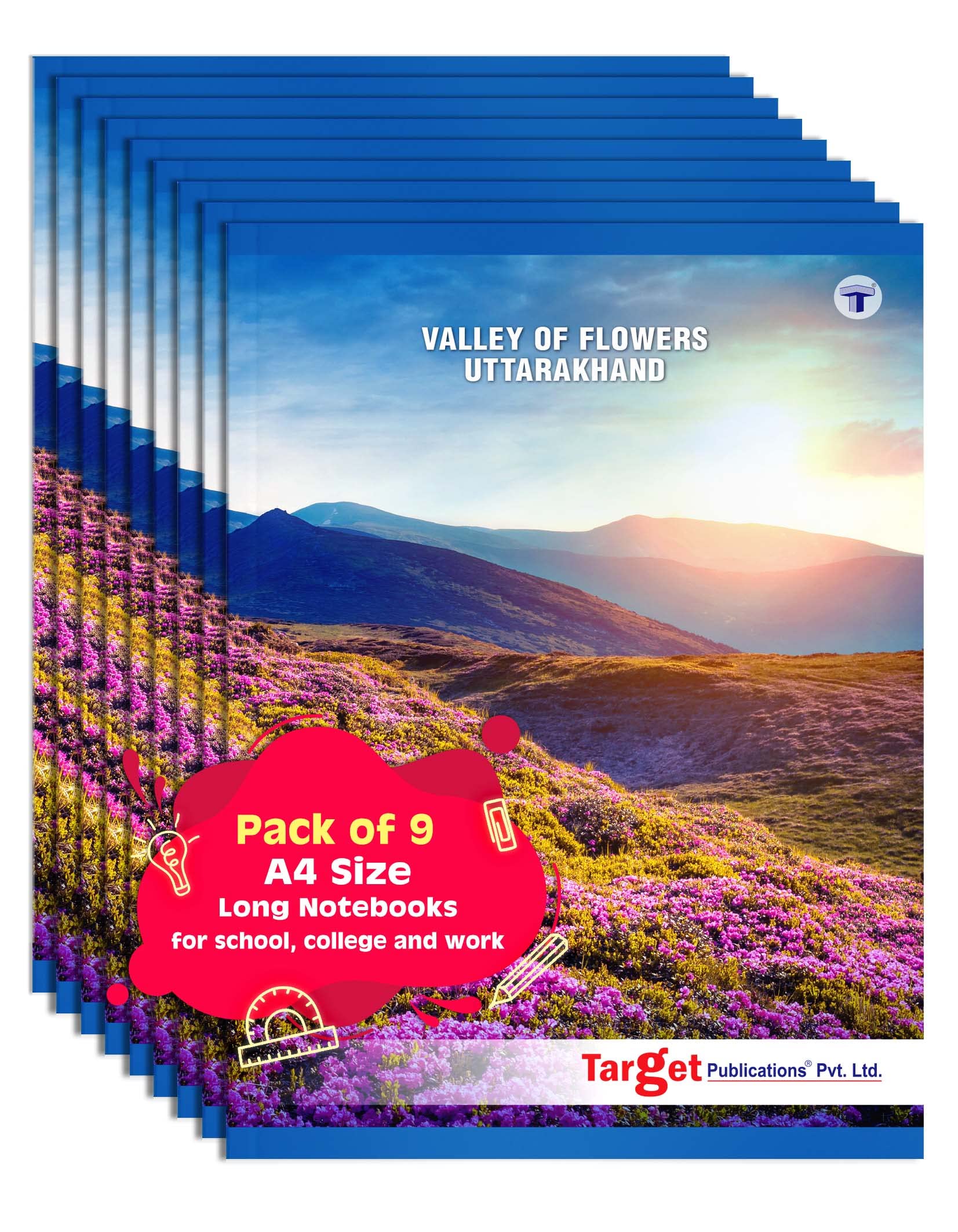 Rural Treasures Long Notebook A4 Size | Valley of Flowers | 164 Ruled Pages | 21 cm x 29.7 cm | Useful for School, College and Office | Set of 9