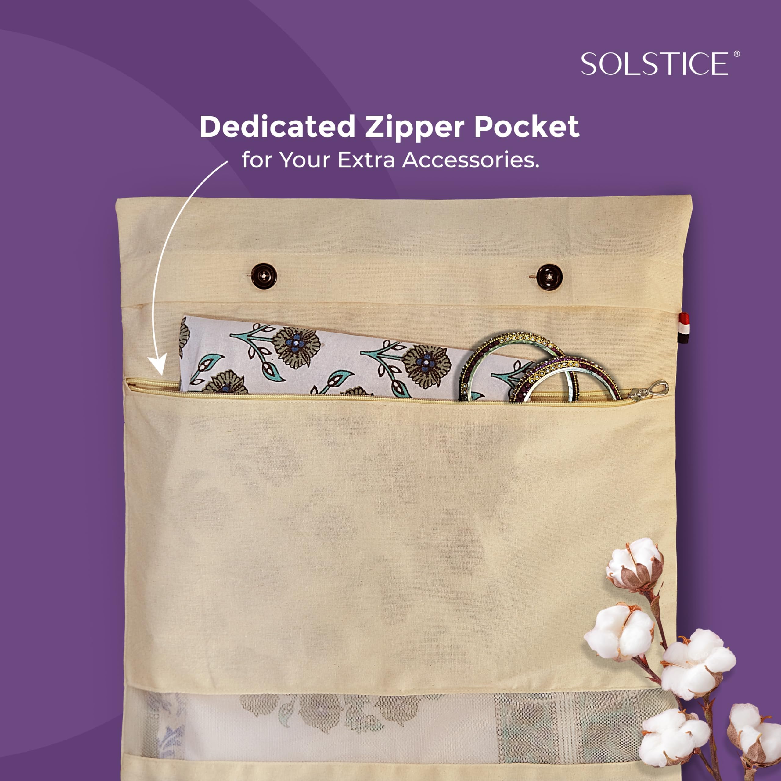 SOLSTICE Cotton Saree Bags/Covers With Zip For Storage - Double Pocket Twist, Big Size (18 X 15 Inches) And Transparent Mesh Window Set Of 8, Beige 2