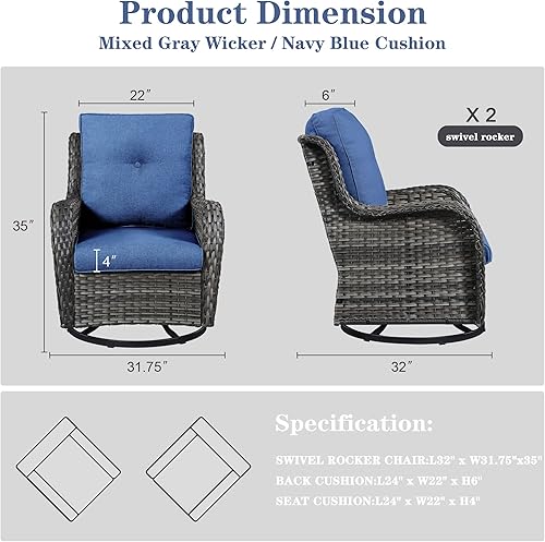 Miniatura 2 de Juego de muebles de patio sillas mecedoras  Juego de 2 sillas de mimbre para exteriores con cojines gruesos silla mecedora giratoria de ratán