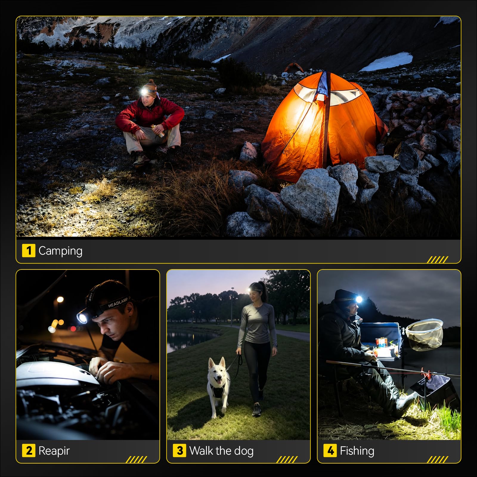 SPK Stirnlampe Wiederaufladbar 90000 Lumen Super Hell, 5 Modi Kopflampe mit Bewegungsmelder, Stirnlampe für Erwachsene Zoombar, Kopflampe für Camping & Hard Hat, Abnehmbares Power Pack & 13