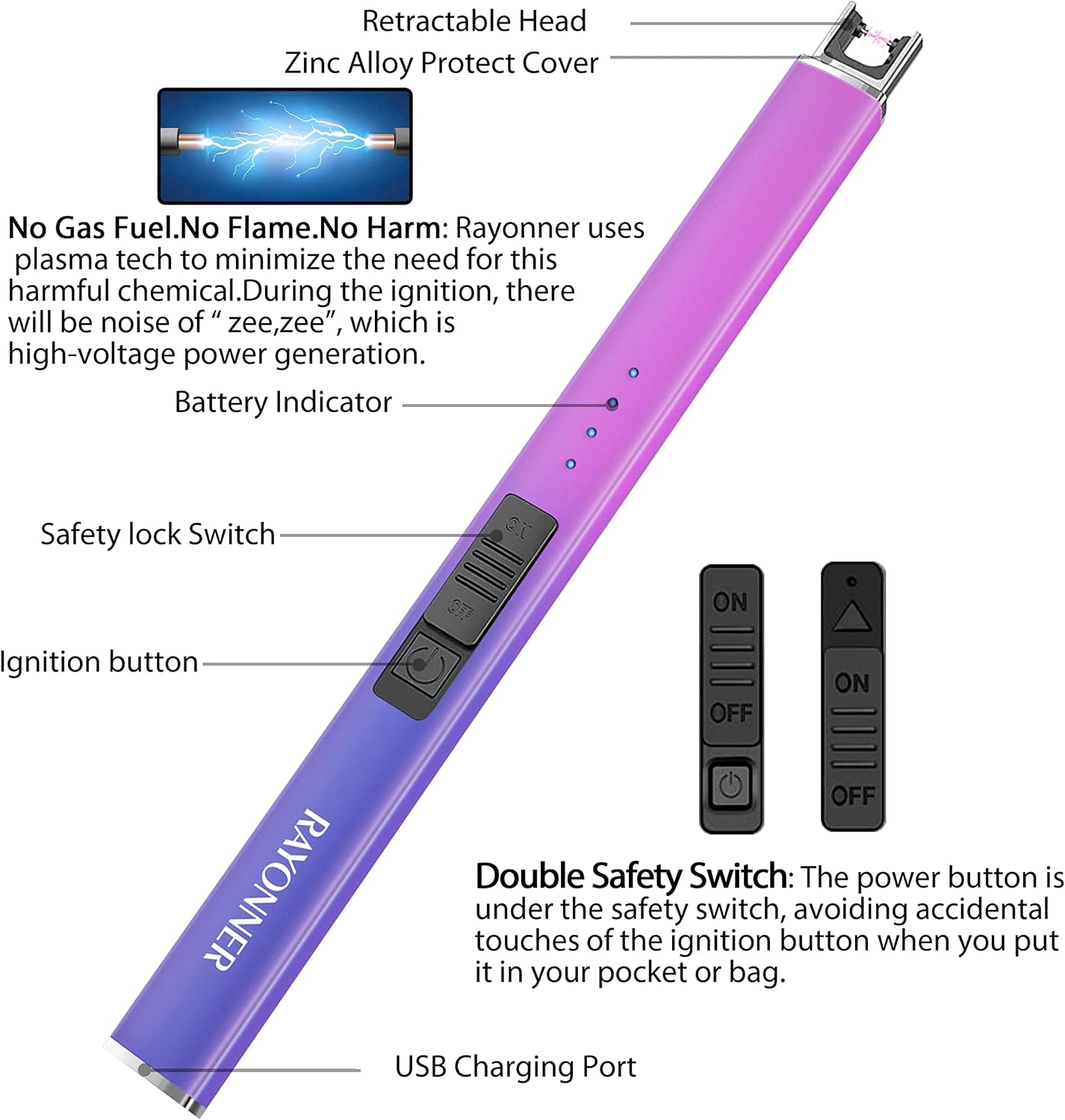 RAYONNER Lighter Electric Lighter Candle Lighter USB Lighter with Safety Switch Rechargeable Flameless Plasma