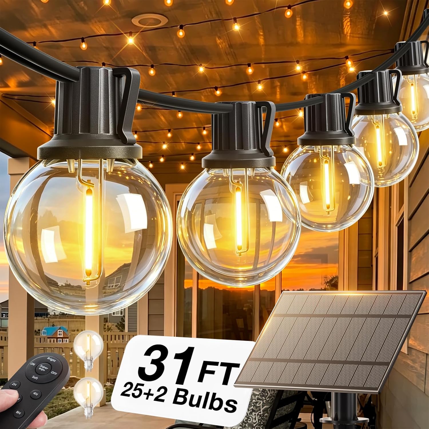 addlon 31FT(25+6) Solar String Lights Outdoor with 1FT Bulb Spacing, 25+2 Commercial G40 LED Bulbs, Solar & USB Charging, Remote, Timable, Dimmable Waterproof Patio Lights for Balcony, Porch, Yard