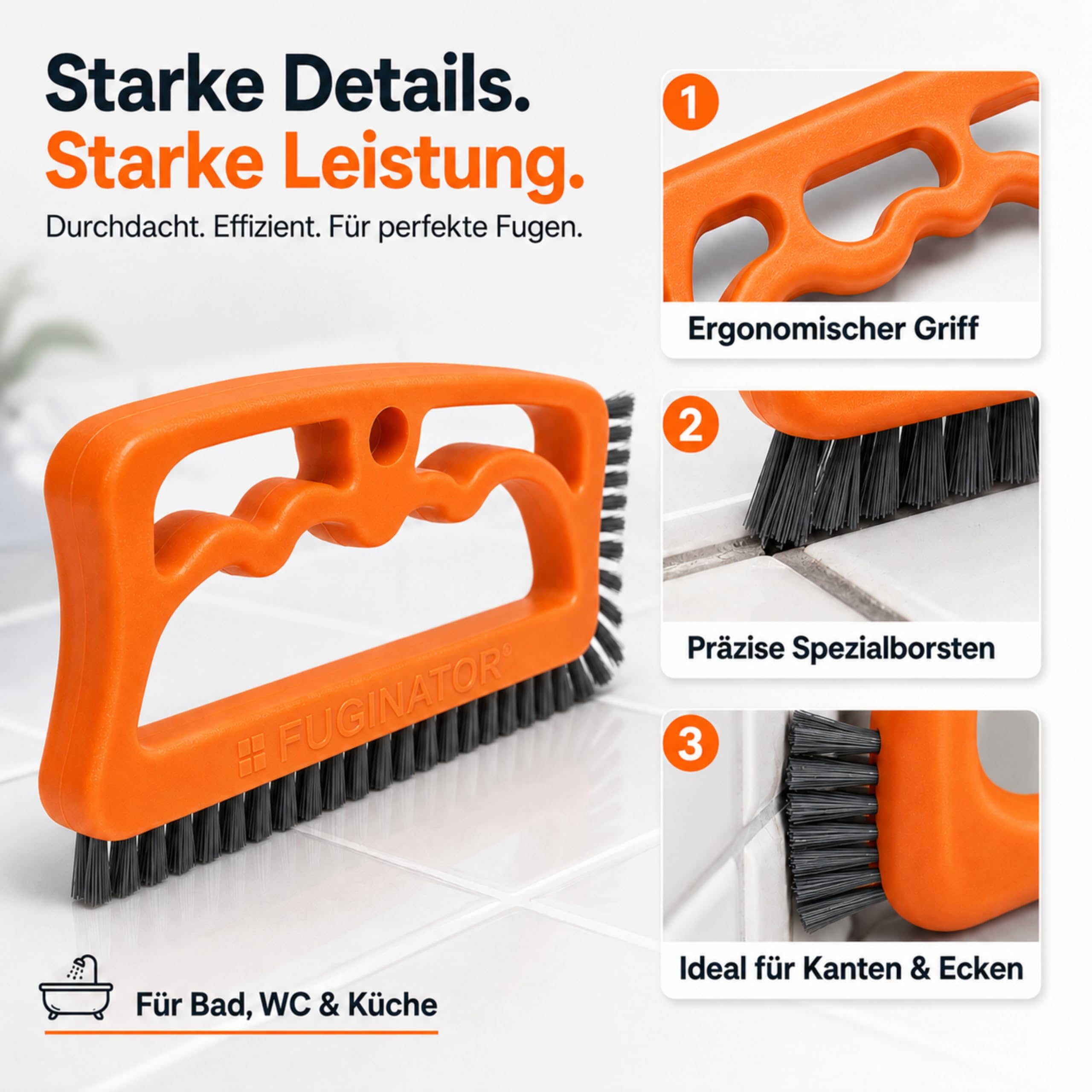 FUGINATOR® Szczotka do fug, szczotka do czyszczenia fug w łazience, toalecie, kuchni itp. - Czyszczenie płytek ściennych i podłogowych - praktyczna szczotka do fug i