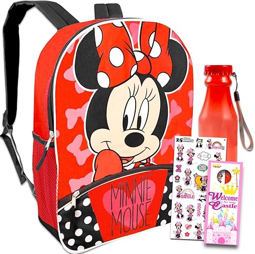 Disney Minnie Mouse mochila para niñas, niños 16" Minnie Mouse mochila escolar bolsa con bolsa de agua Minnie Mouse y pegatinas Paquete de