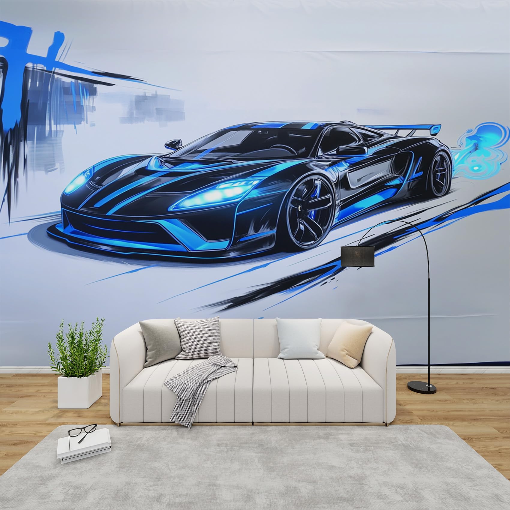 AevuCub Racing Car Wall Mural - Sports Car Mural Wallpaper for Living Room, Bedroom Decor, Kids Boys Wall Art, Non-woven Photo Wallpaper 3D Effect, 100x70 cm