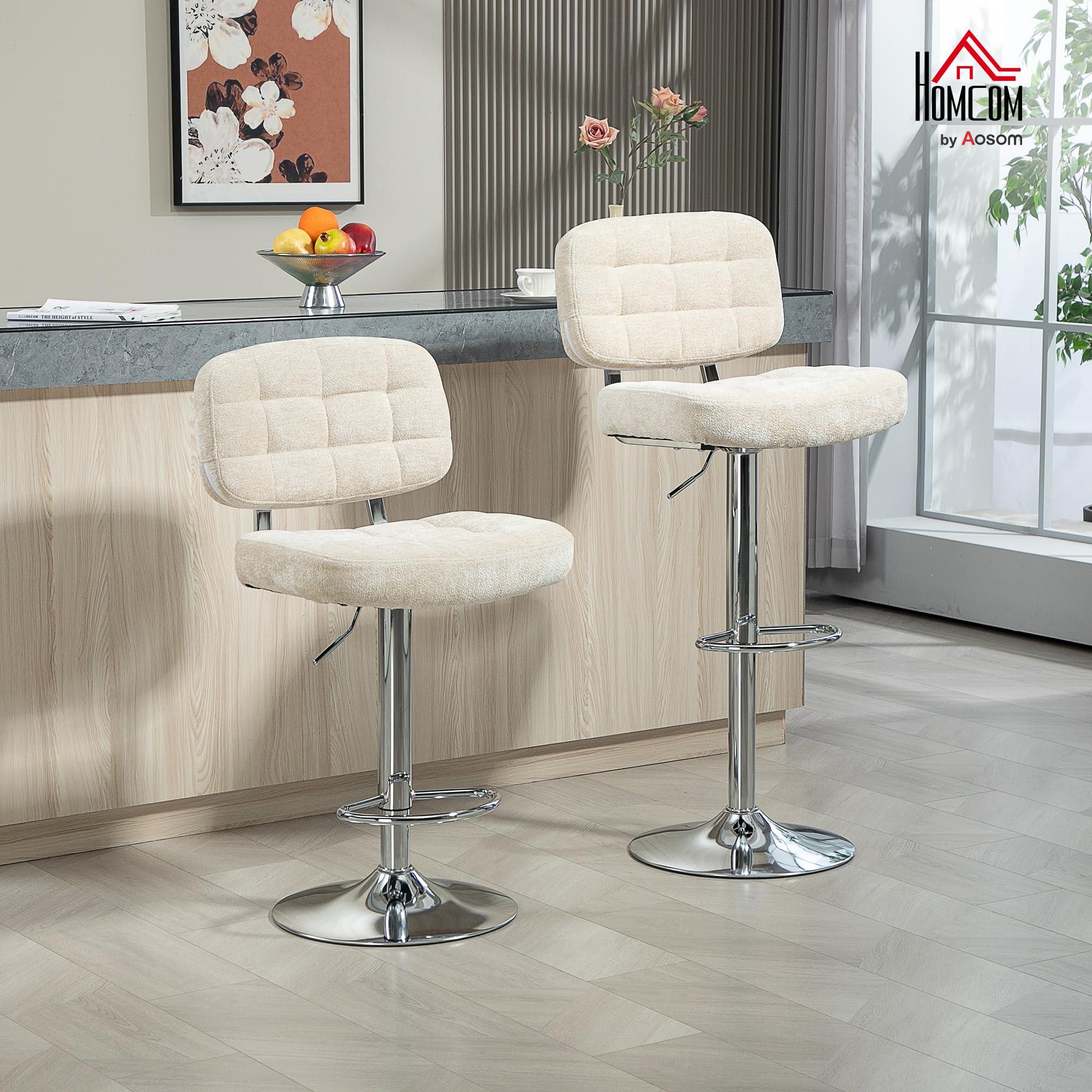 HOMCOM Lot de 2 tabourets de Bar pivotants, Hauteur réglable, Beige | Chaises de Bar, Chaise Haute Cuisine avec Dossier, Repose-Pieds, Cadre en Acier, Charge 120 Kg