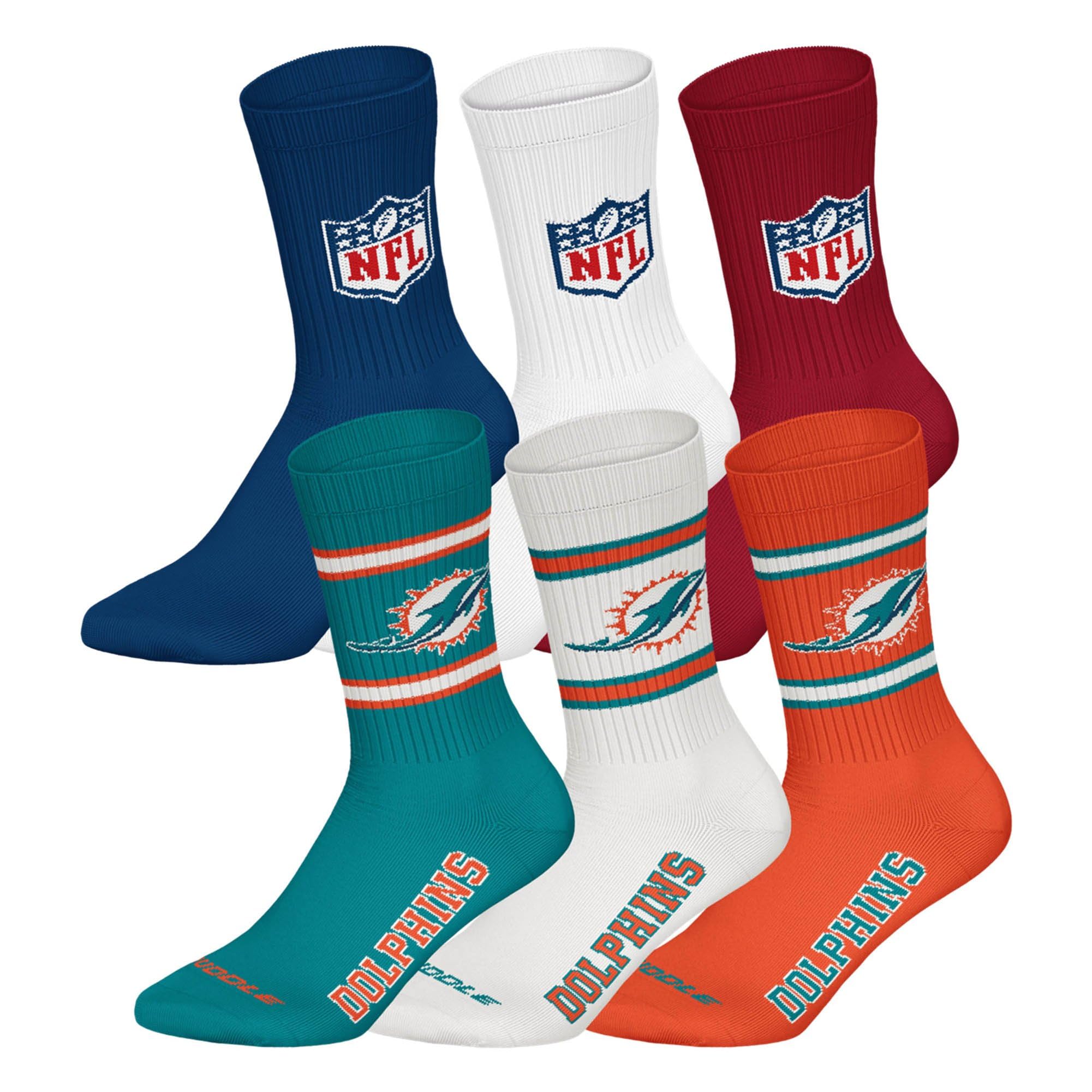 NFL Unisex Team Crew Socks, Miami Dolphins, Mix, 39-42, Pack of 6