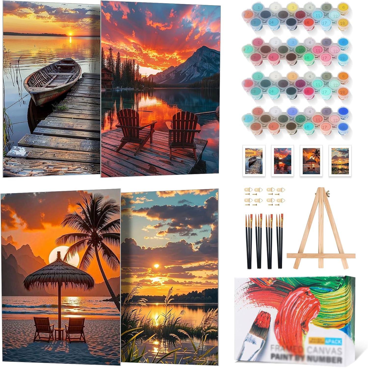 4 Pack Framed Paint by Numbers Kit for Adults Beginner with Wooden Easel, Lake Landscape Paint by Number Kits with Frame, DIY Acrylic Sunset Painting by Numbers for Home Wall Decor Gift 8x12 inch