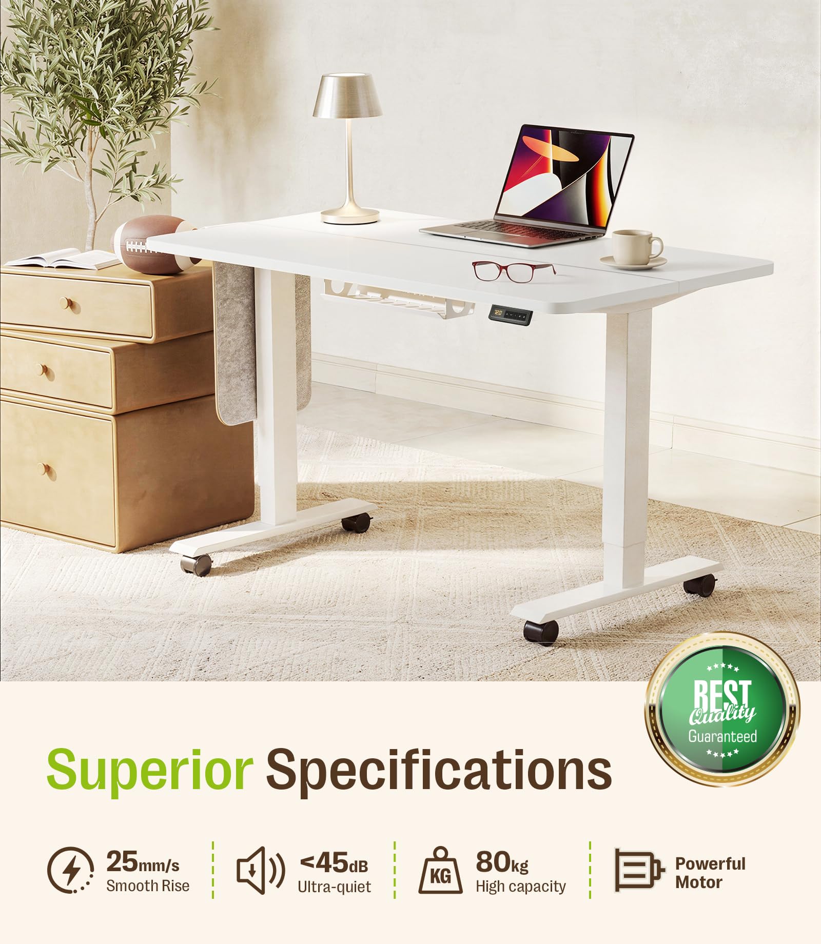 MAIDeSITe Mesa Elevadora Eléctrica de Altura Ajustable, 120 x 60 cm Mesa de Pie y Sentado con Bandeja para Cables, Gancho y Bolsillos de Almacenamiento, Mesa Elevadora con Controlador de Memoria