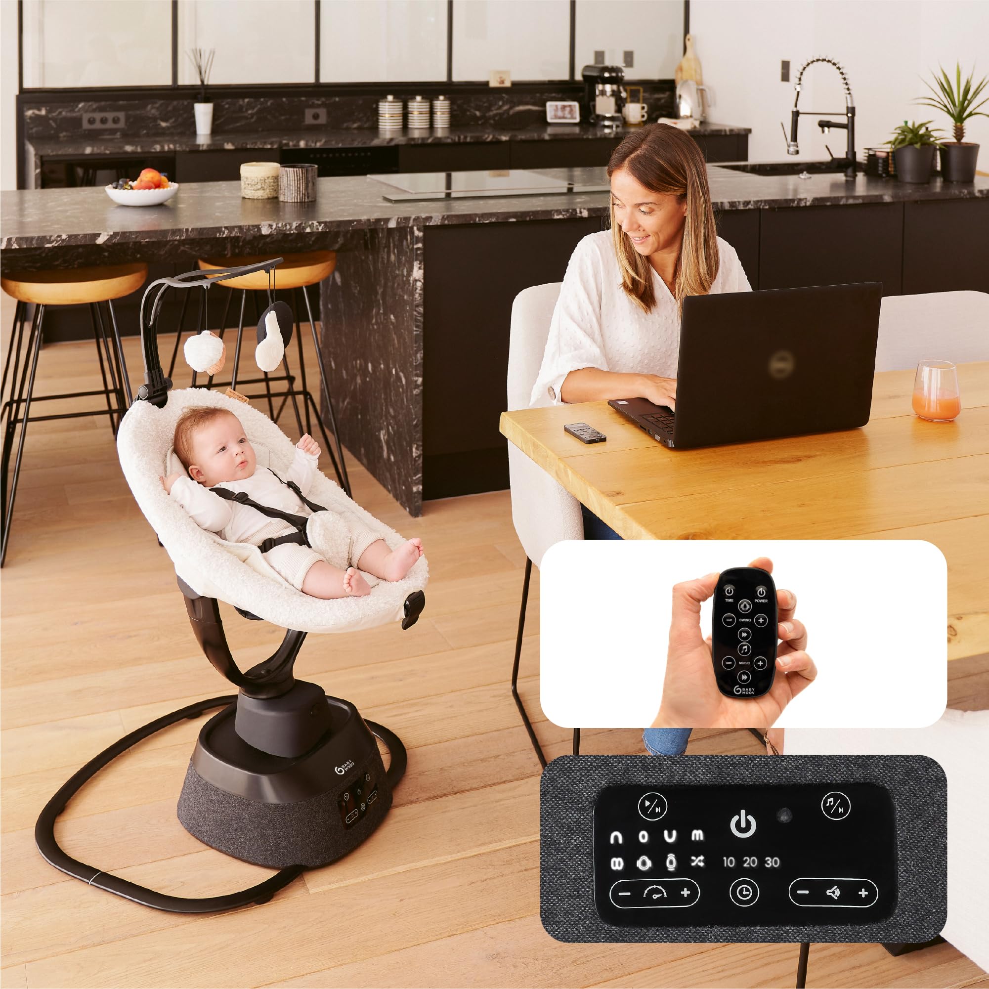Babymoov Balancelle éléctrique bébé Swoon Evolution Curl White - 8 balancements - 5 vitesses - Assise rotative 360° - Réducteur nouveau-né - Arche de jeux - 12 Berçeuses