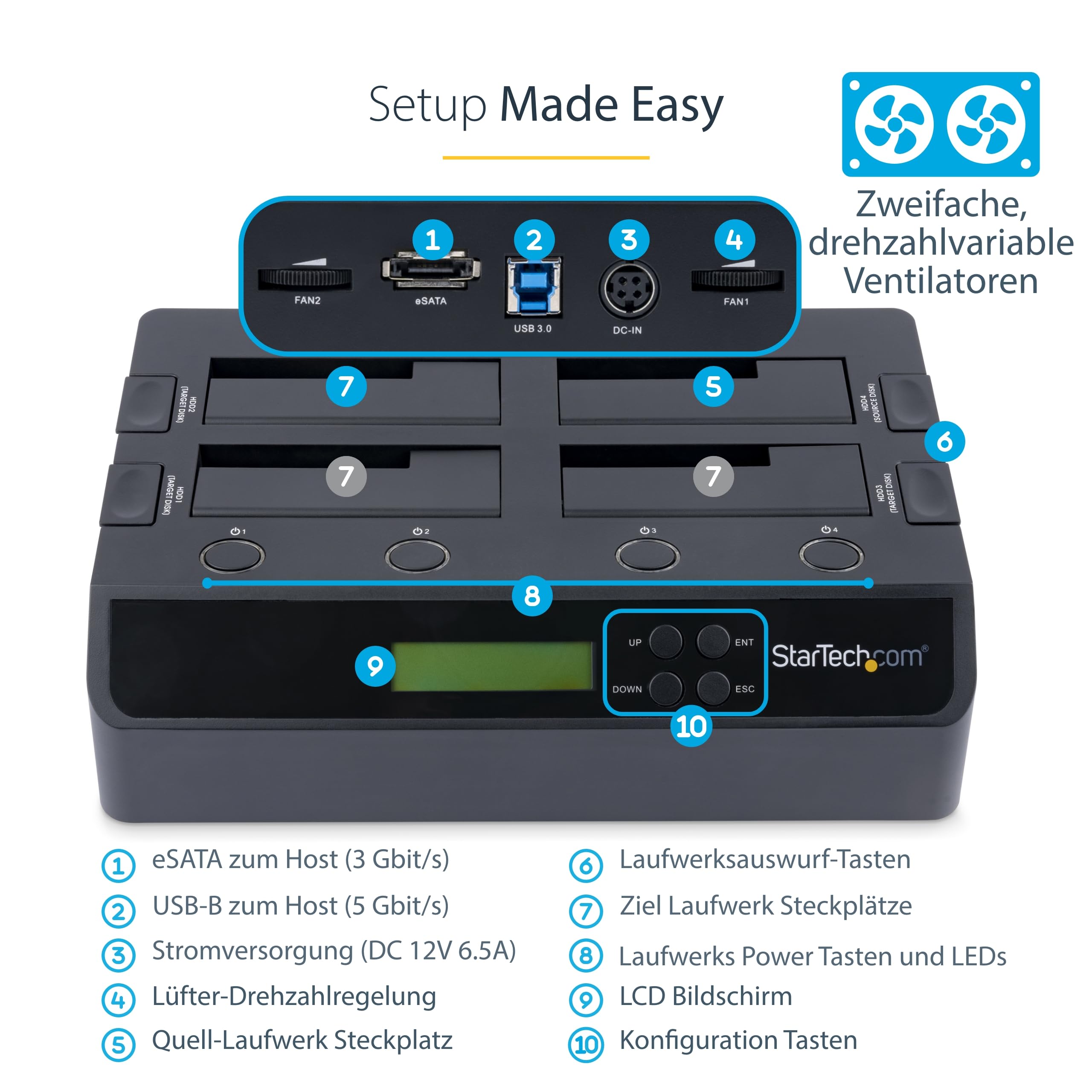 StarTech 4 Bay Festplatten Kopierstation USB 3.0 / eSATA auf SATA - HDD 1:3 Duplikator - Standalone Festplattenkloner