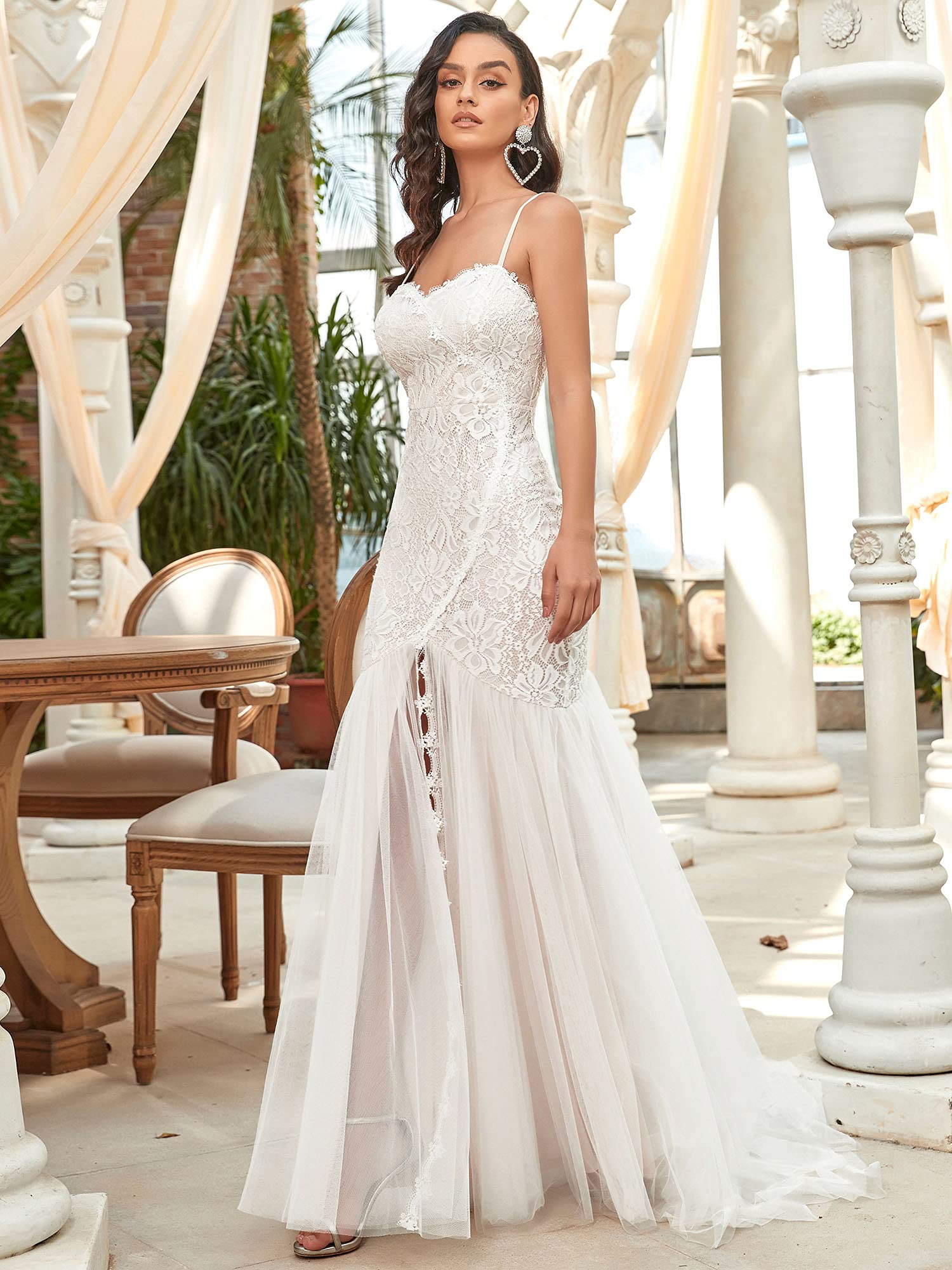 Ever-Pretty Vestito da Sposa Tracolla Regolabile Scollo a V in Tulle Bodycon Sirena Lunghezza del Piano da Donna con Cappella Treno EH90355