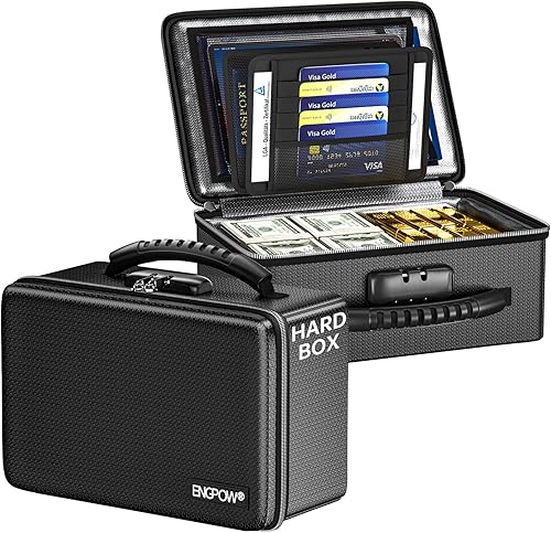ENGPOW Caja de dinero ignífuga, pequeña caja rígida ignífuga con cremallera y bloqueo ignífugos, 6400 F con aislamiento térmico resistente al agua