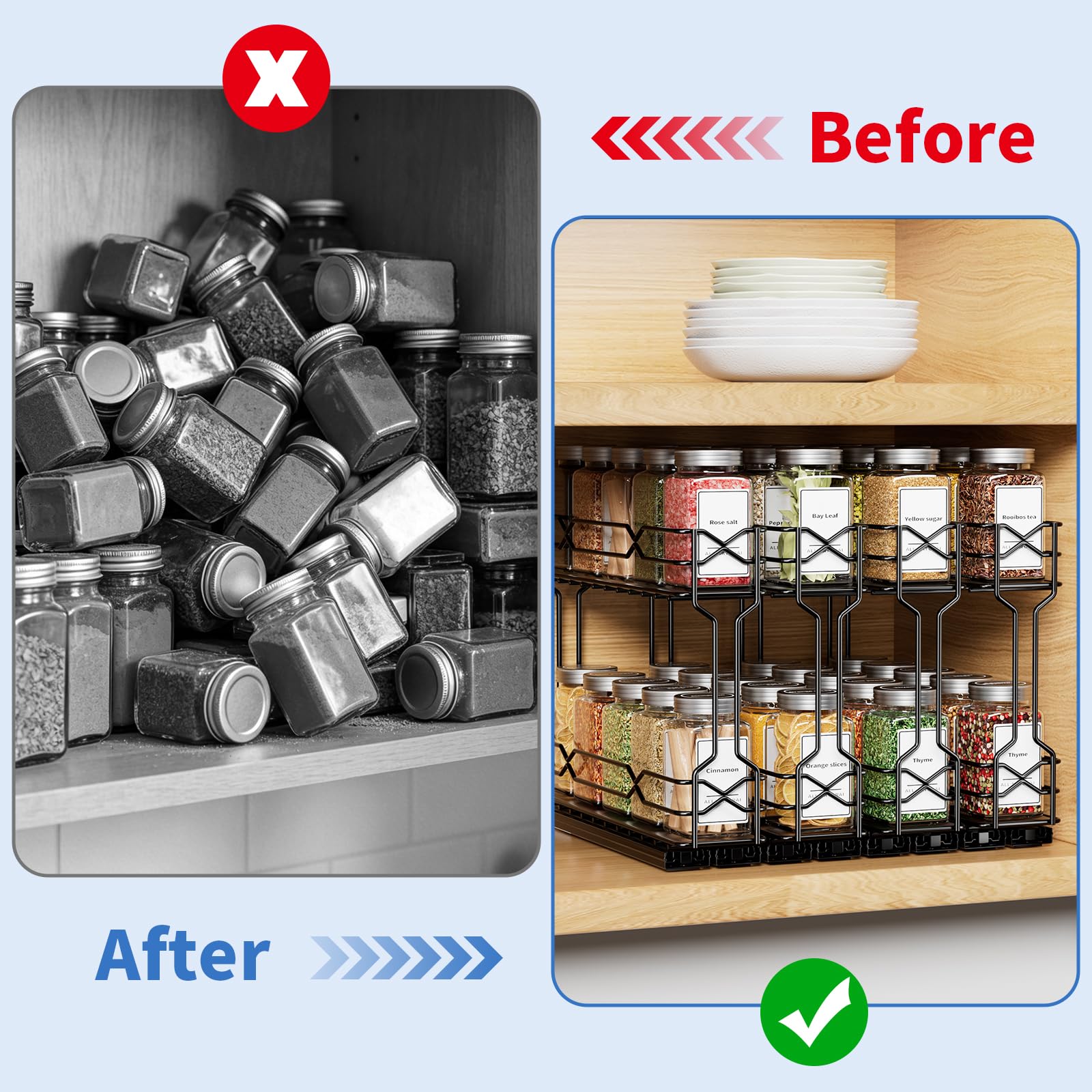 Gewürzregal Ausziehbar 4er-Pack, Gewürz Organizer Für Schrank | Modulares 4er-Pack, Doppelte Gleitschienen, Vollauszug-Design , Schwarze Metallkonstruktion, Einfache Montage, Schrank