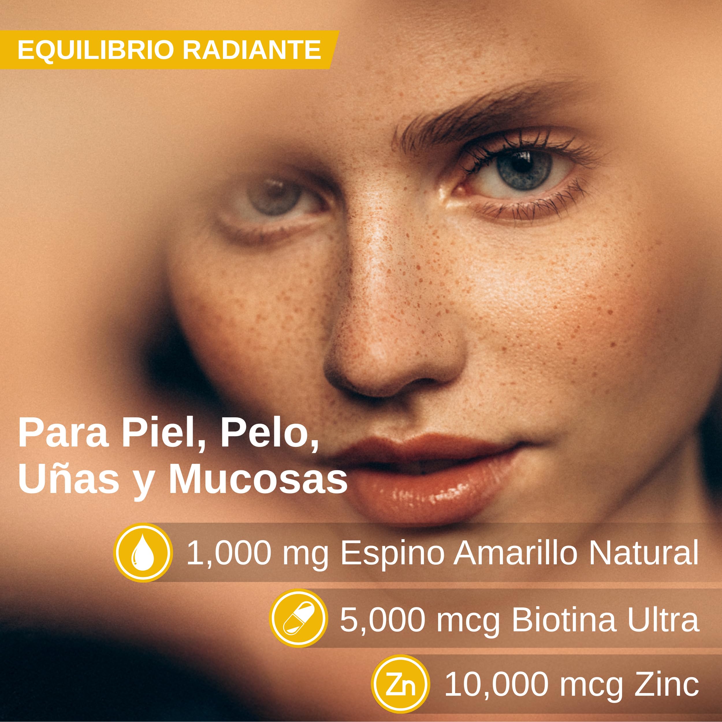 Omega 7 de Espino Amarillo con Biotina - Cabello, Piel y Uñas - 180 Perlas | Cabello, piel, uñas y mucosas, aceite de espino amarillo 1000 mg, omega 7 natural, biotina 5000 mcg con zinc, vegano