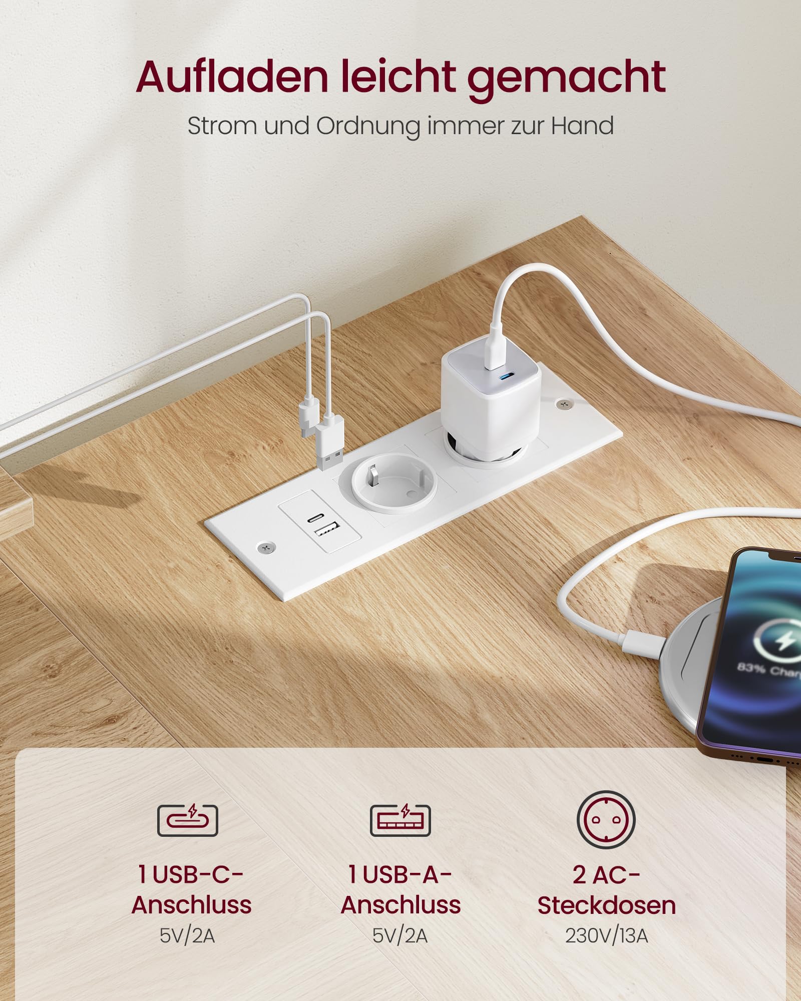 VASAGLE L-förmiger Eckschreibtisch mit Steckdosen, Computertisch, Gaming-Tisch, beidseitig montierbar, verstellbare Ablagen, 4 Schubladen, 2 USB-Anschlüsse, 140 x 80 cm, natureichenfarben LWD172YD01