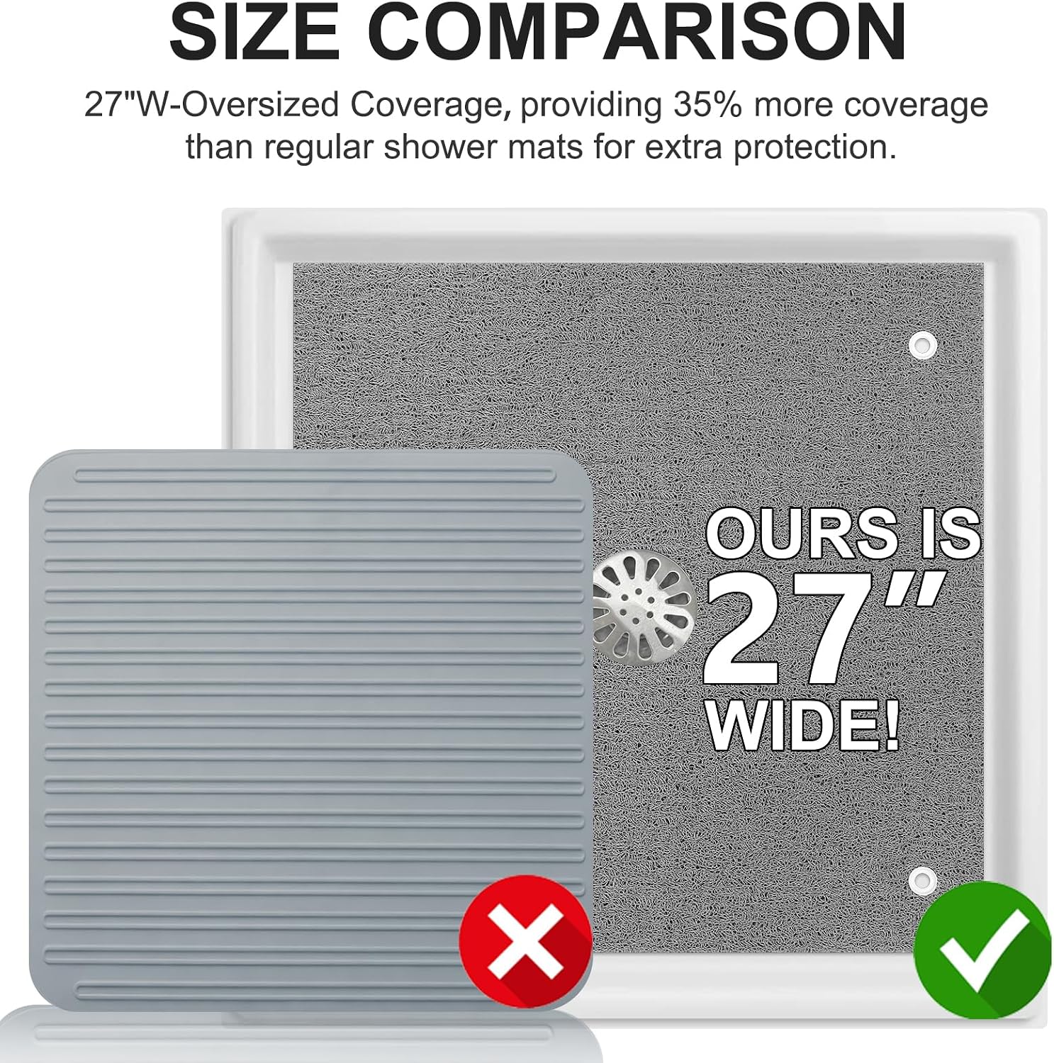 Non Slip Shower Mat: 27x27 Inch Extra Large Square Shower Mats for Inside Shower with Central Drain Hole - Soft PVC Loofah Floor Mat for Walk-in Shower or Bathtub, Quick Drying-Grey