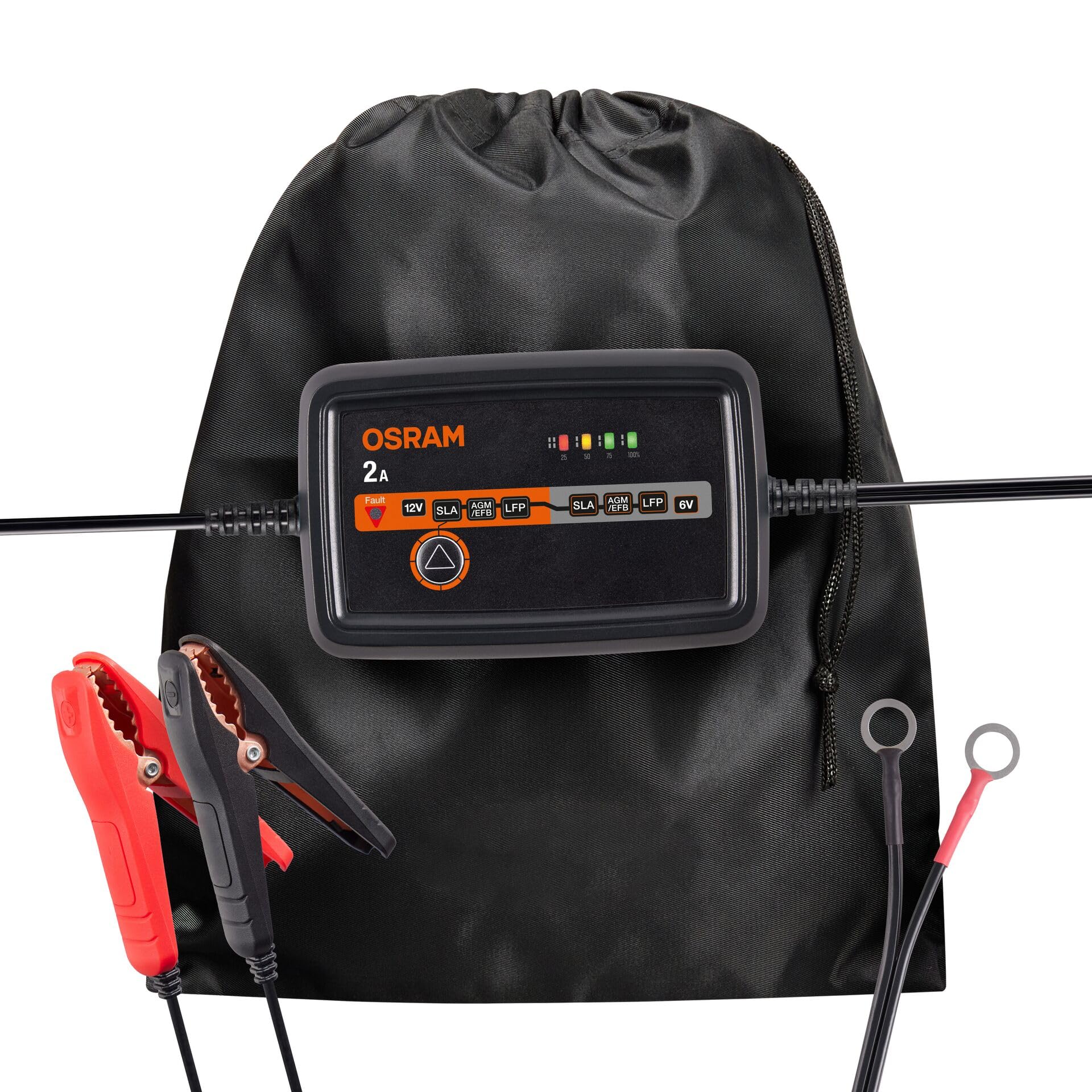 OSRAM BATTERYcharge 1002, 6 V/12 V, inteligentna ładowarka 2 A, do motocykli i mniejszych pojazdów, do akumulatorów AGM, EFB, kwasowo-ołowiowych i litowych, z trybem podtrzymującym