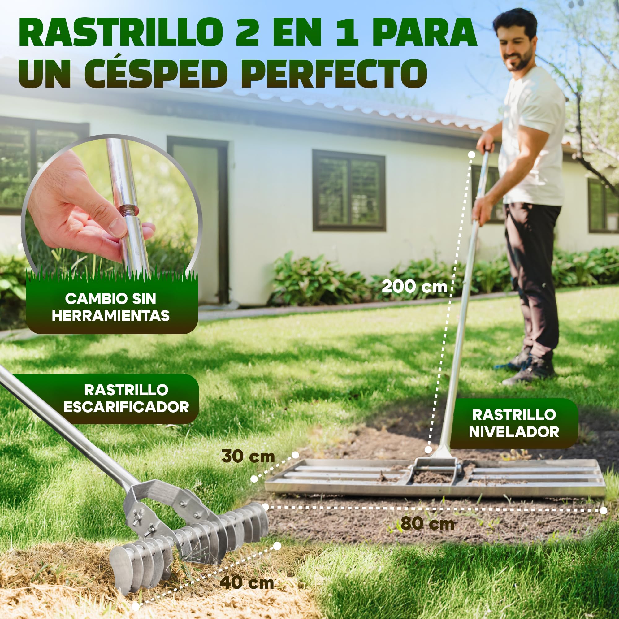 Oris Gaden® Rastrillo Nivelador Tierra 80x30cm + Escarificador Cesped