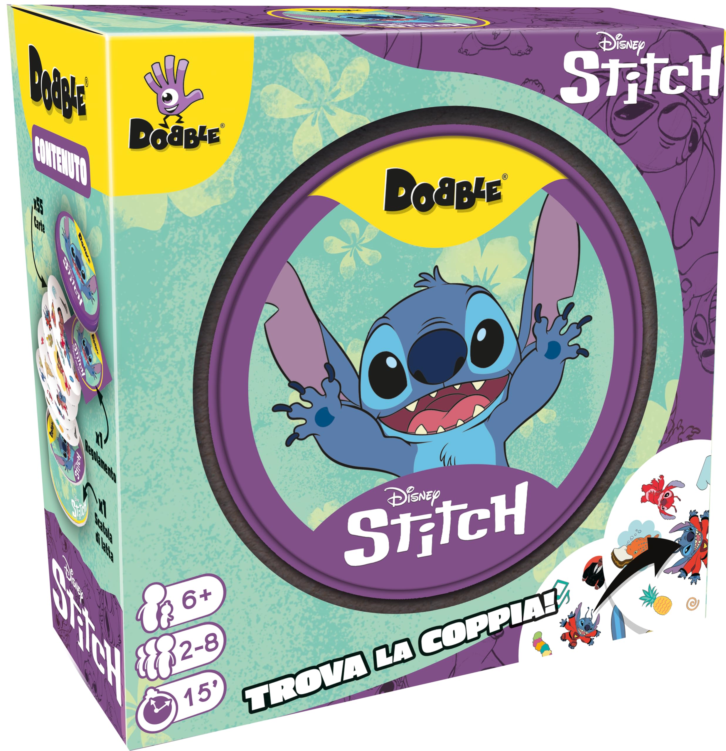 Asmodee - Dobble Lilo & Stitch (Eco-Sleeve) - Carte da Gioco di Velocità con i personaggi del film Lilo & Stitch, Gioco da Tavolo, 6+ Anni, 2-8 Giocatori, 15 min, Edizione in Italiano