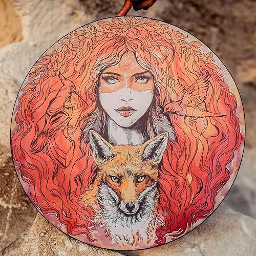 MSUIINT Tambor de chamán, 9.8 pulgadas Beauty and the Wolf Adornos de tambor chamánico hechos a mano, 8 símbolos de afinación del tambor siberiano