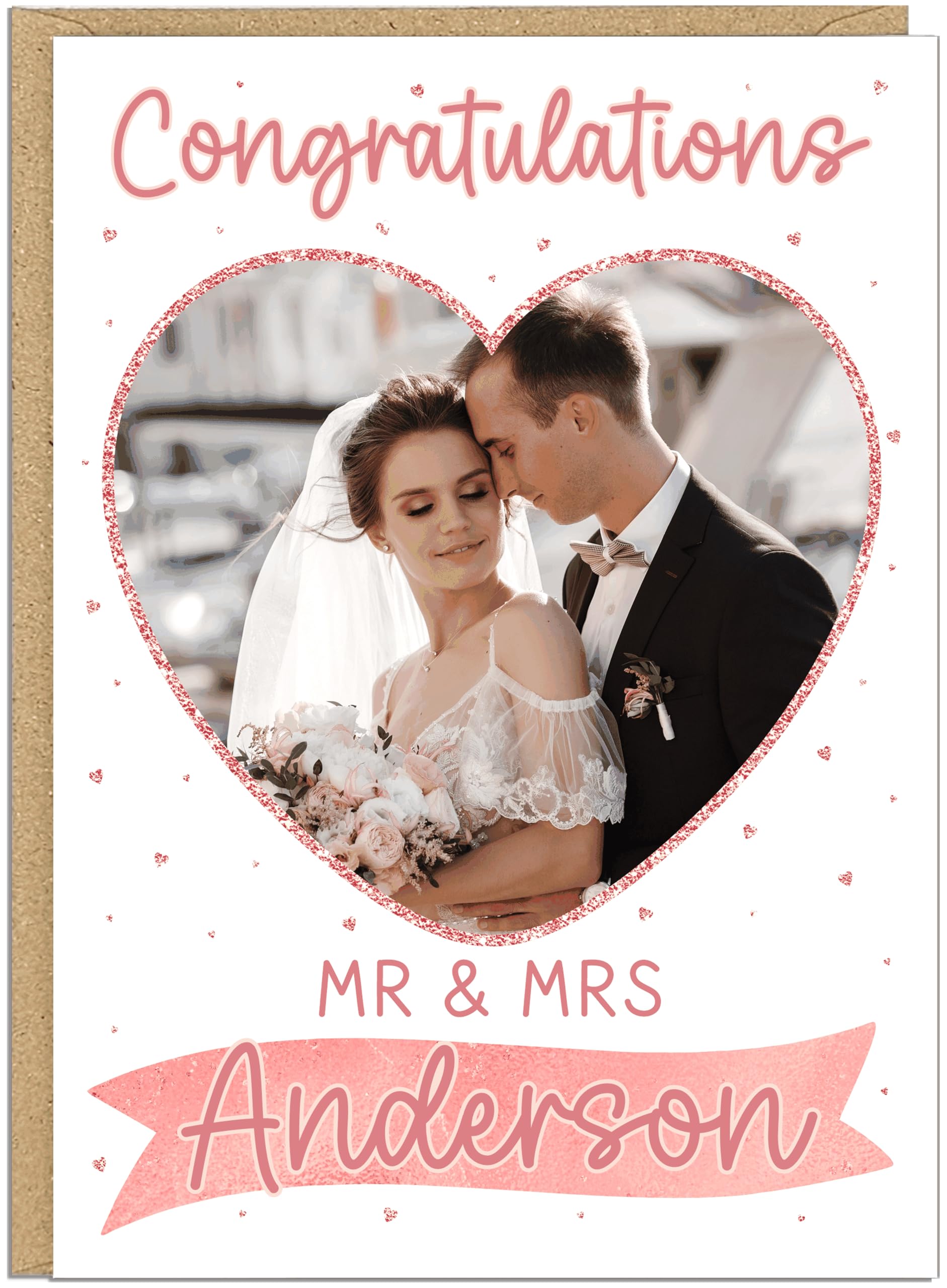 Personalised Wedding Congratulations Cards with Photo and Name | Custom Mr & Mrs Card | 11 Colour Theme Options | Heart Photo Wedding Couples Anniversary Card, Rose Gold