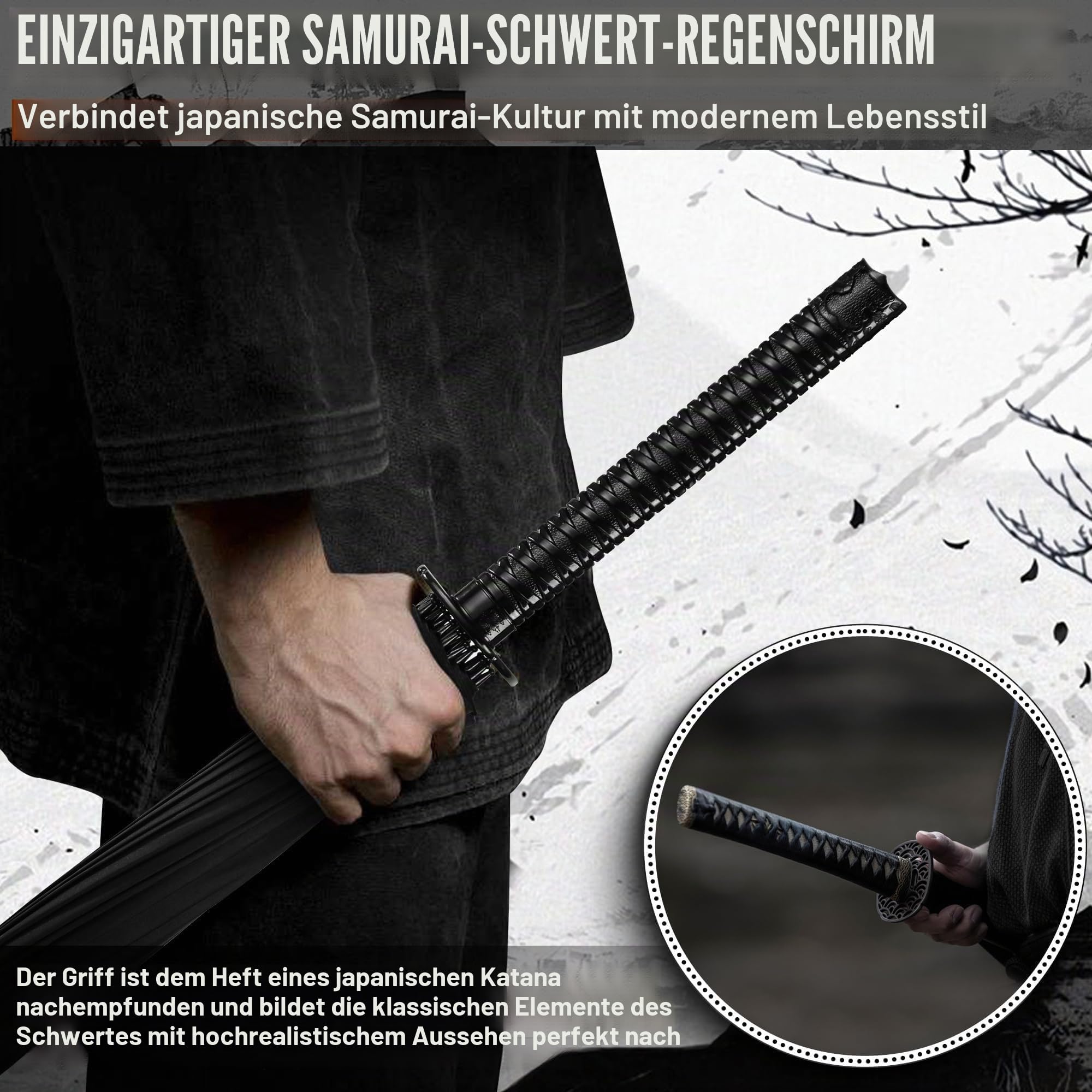 Moontay Langer Griff Regenschirm Samurai Schwert-Design Outdoor Reise Sonne & Regen Winddicht Wasserdicht Sturmfest Anime schwarz gerade 16 oder 24 Rippen Metall unisex leicht