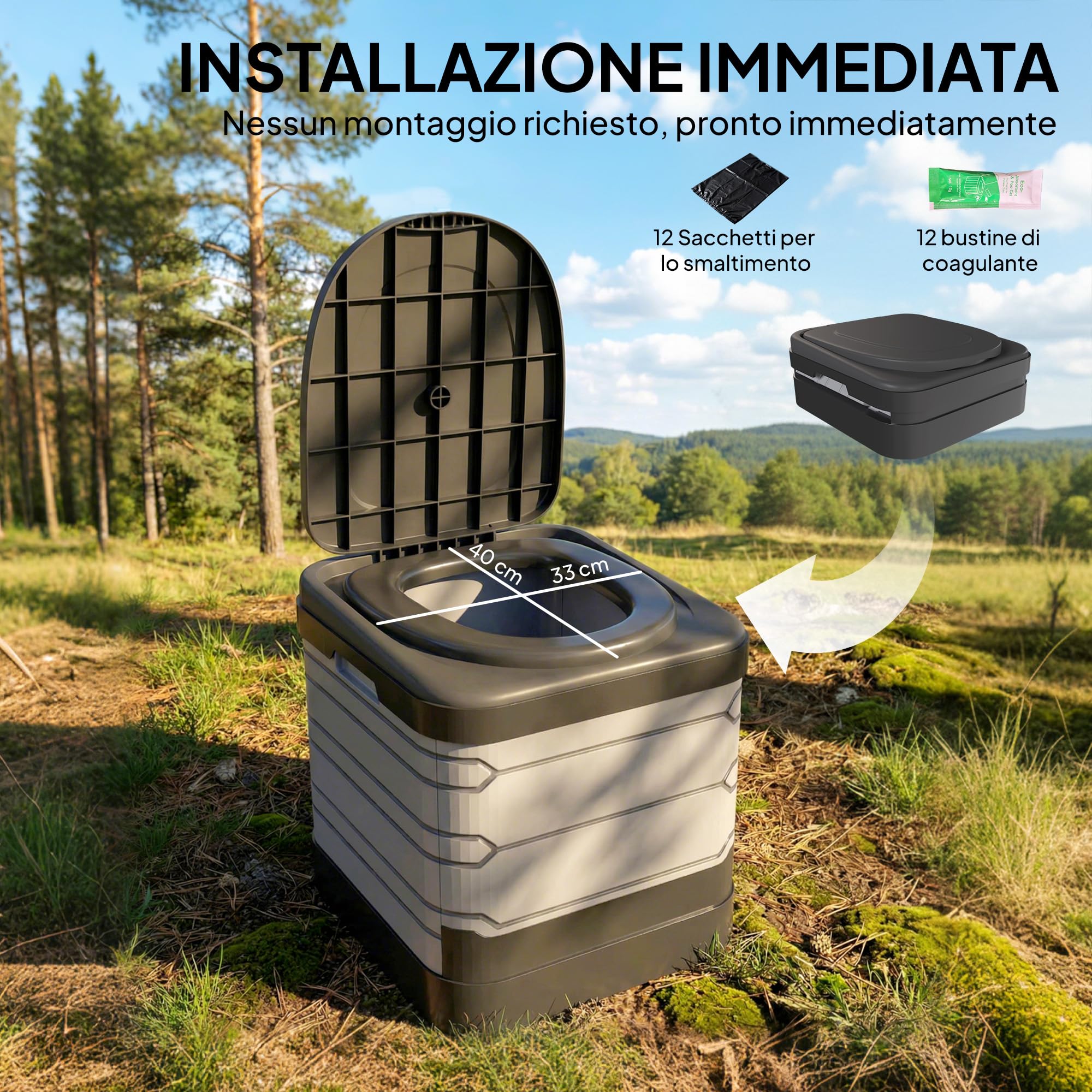 Outsunny WC Portatile da Campeggio 42x46x43.5 cm Grigio e Nero