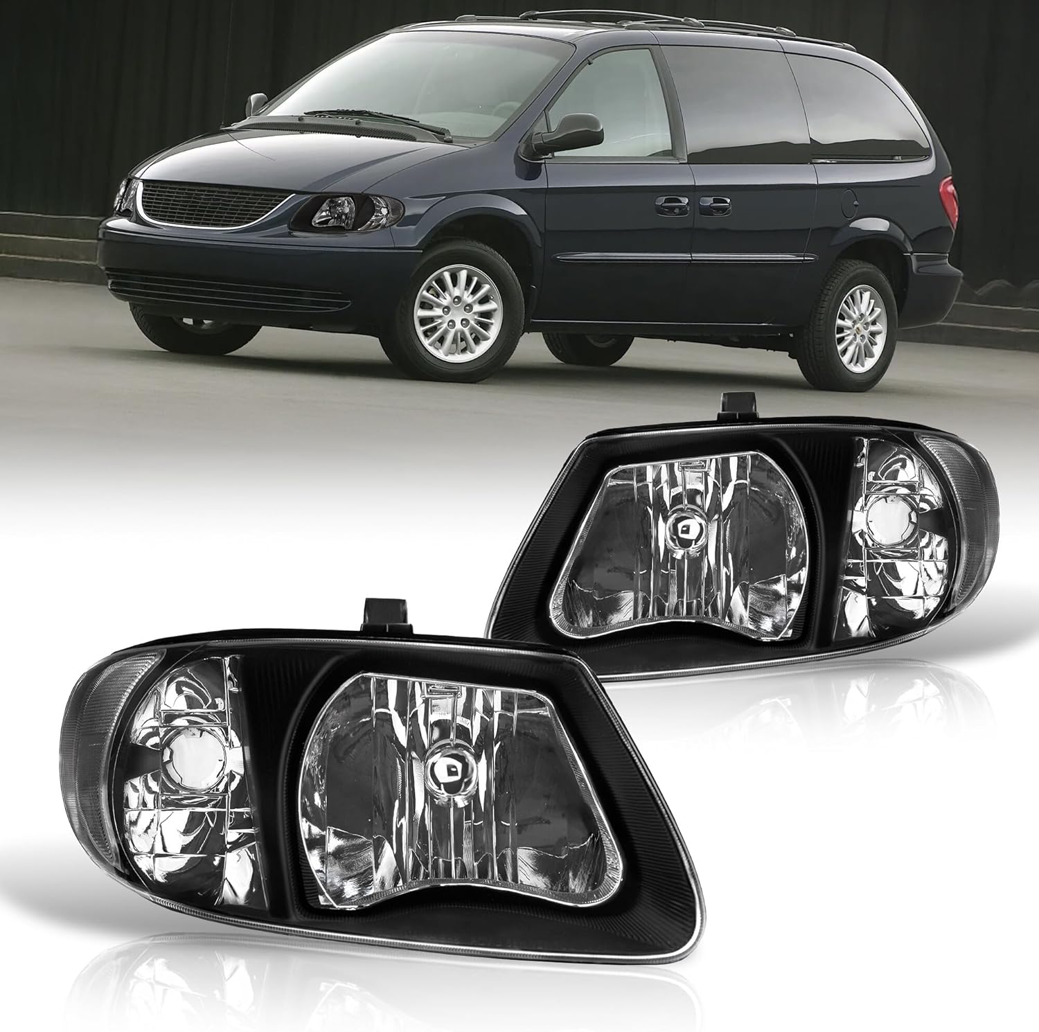 AJP Distributors Black Housing Clear Lens Reflector Signal Headlights Driving Lights Lamps Assembly Compatible/Replacement for Town & Country/Grand Caravan Voyager 2001 2002 2003 2004 2005 2006 2007