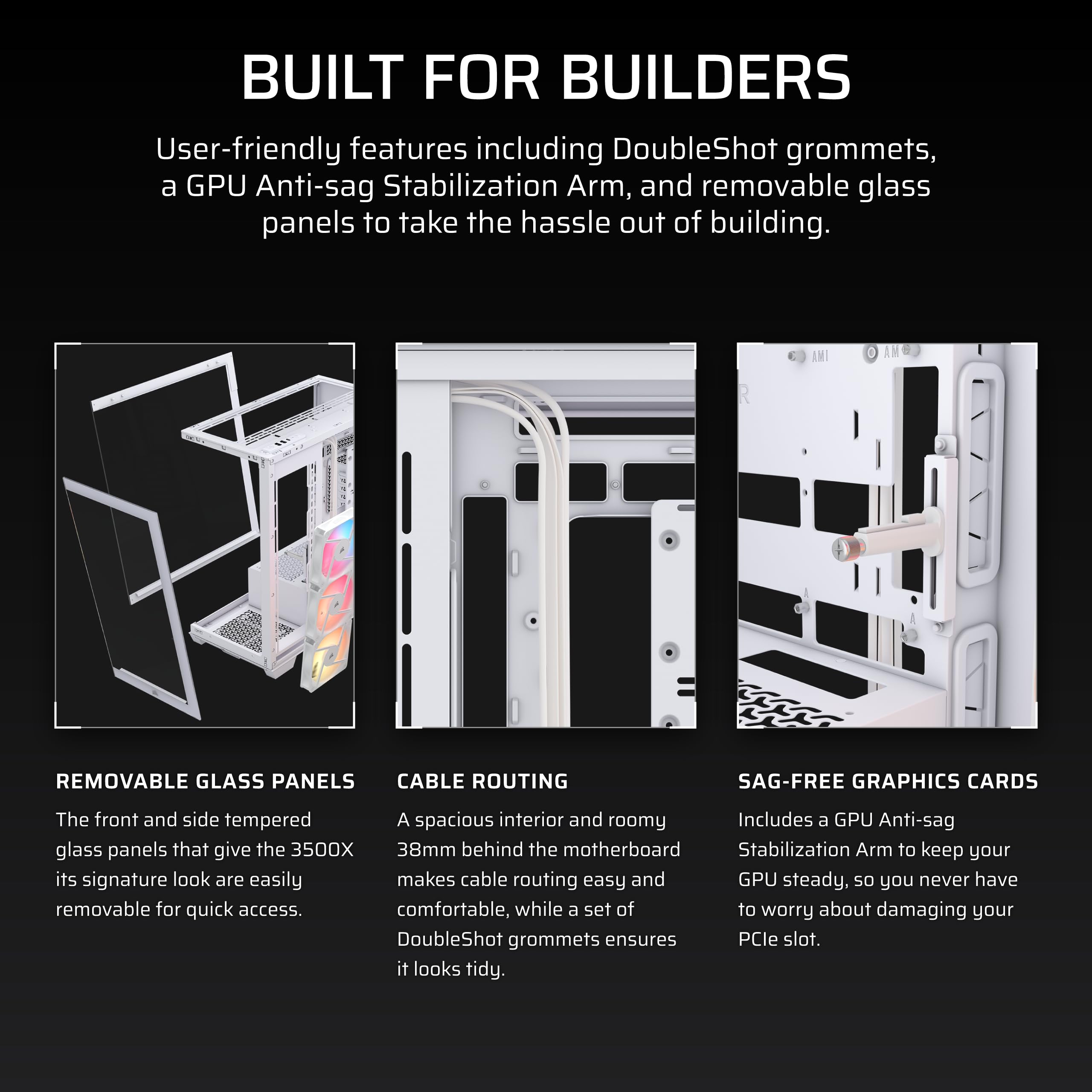 CORSAIR 3500X RS-R ARGB Panoramic Mid-Tower PC Case – 3x Pre-Installed RS120-R ARGB Fans, GPU Anti-Sag Arm, Fits up to 10x 120mm Fans, Reverse Connection Motherboard Compatible – White — view 8