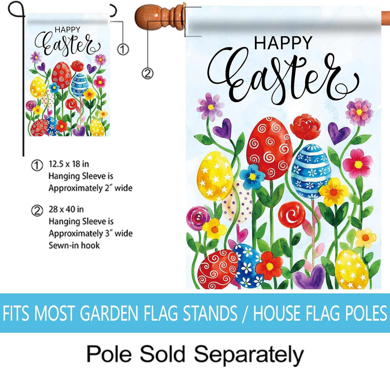 Morigins Easter Garden FlagFlowers Easter Eggs Welcome Easter Banners Outside Double Sided Spring Yard Outdoor Farmhouse Decoration (Large-28×40 inch)