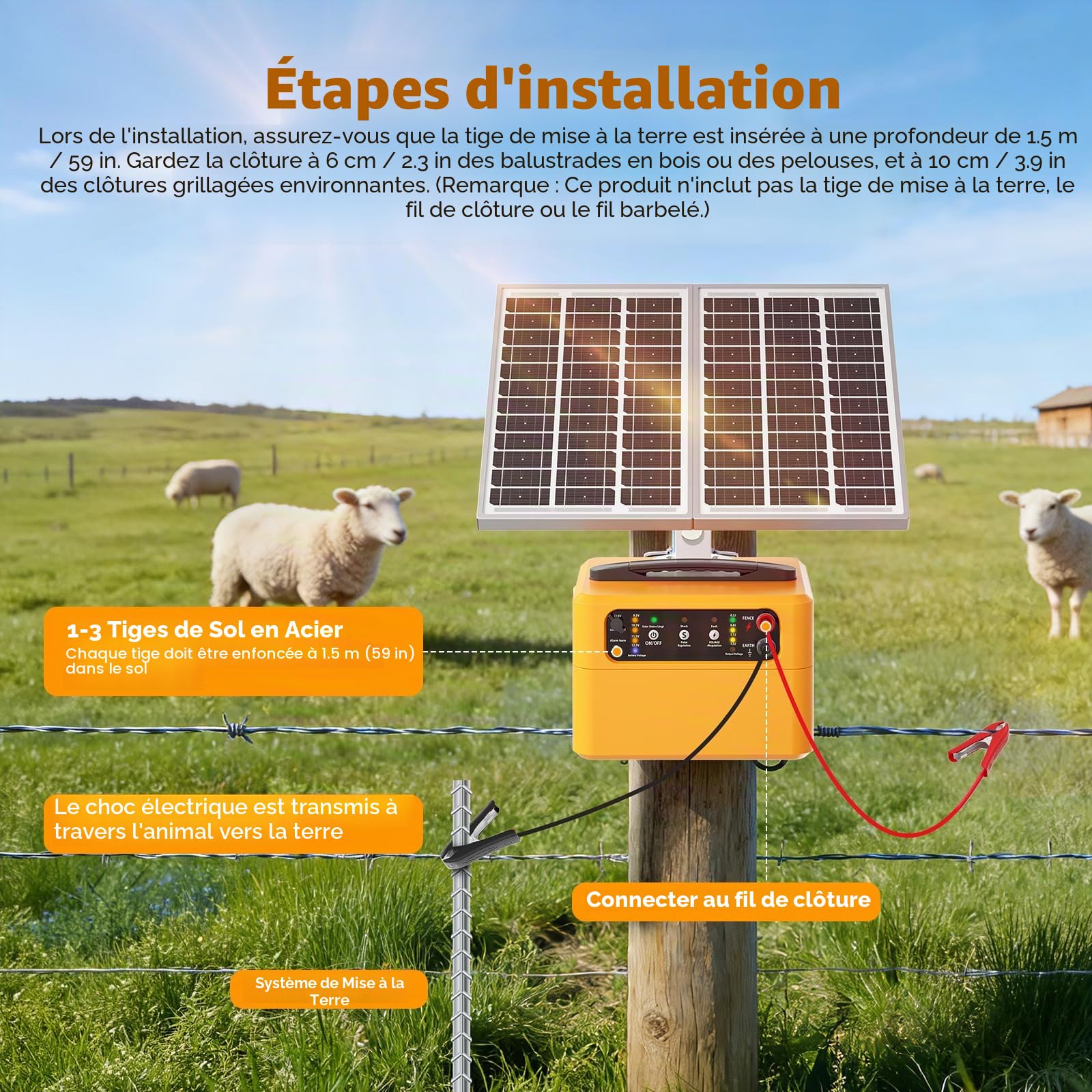clôture électrique réglable de 0,3 à1,5 joule avec panneau solaire de 15W batterie de 7Ah,clôture électrique solaire portable avec une sortie allant jusqu'à 12KV pour le bétail et la volaille